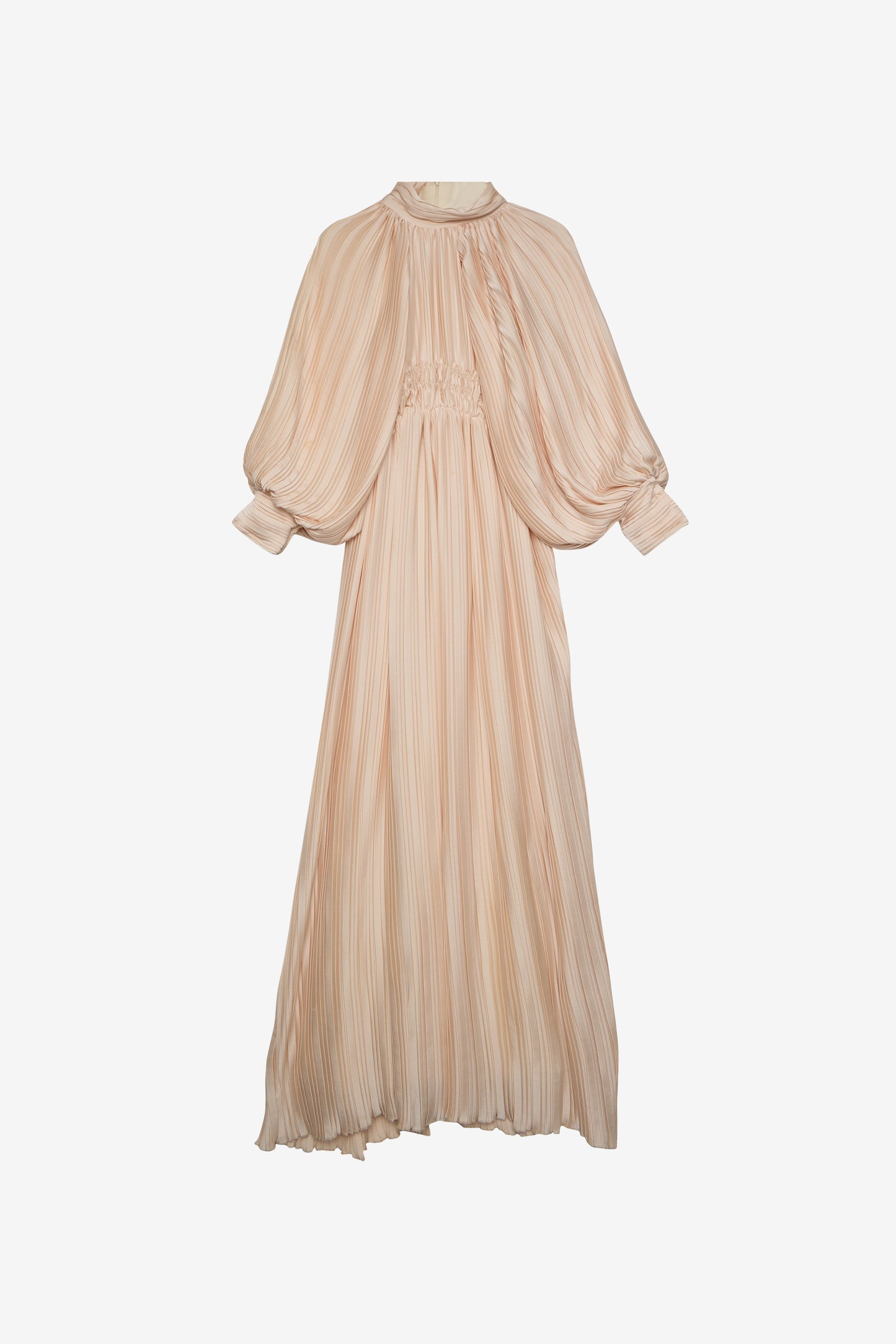 Pleated Blush Maxi Dress with Balloon Sleeves & Elastic Waist