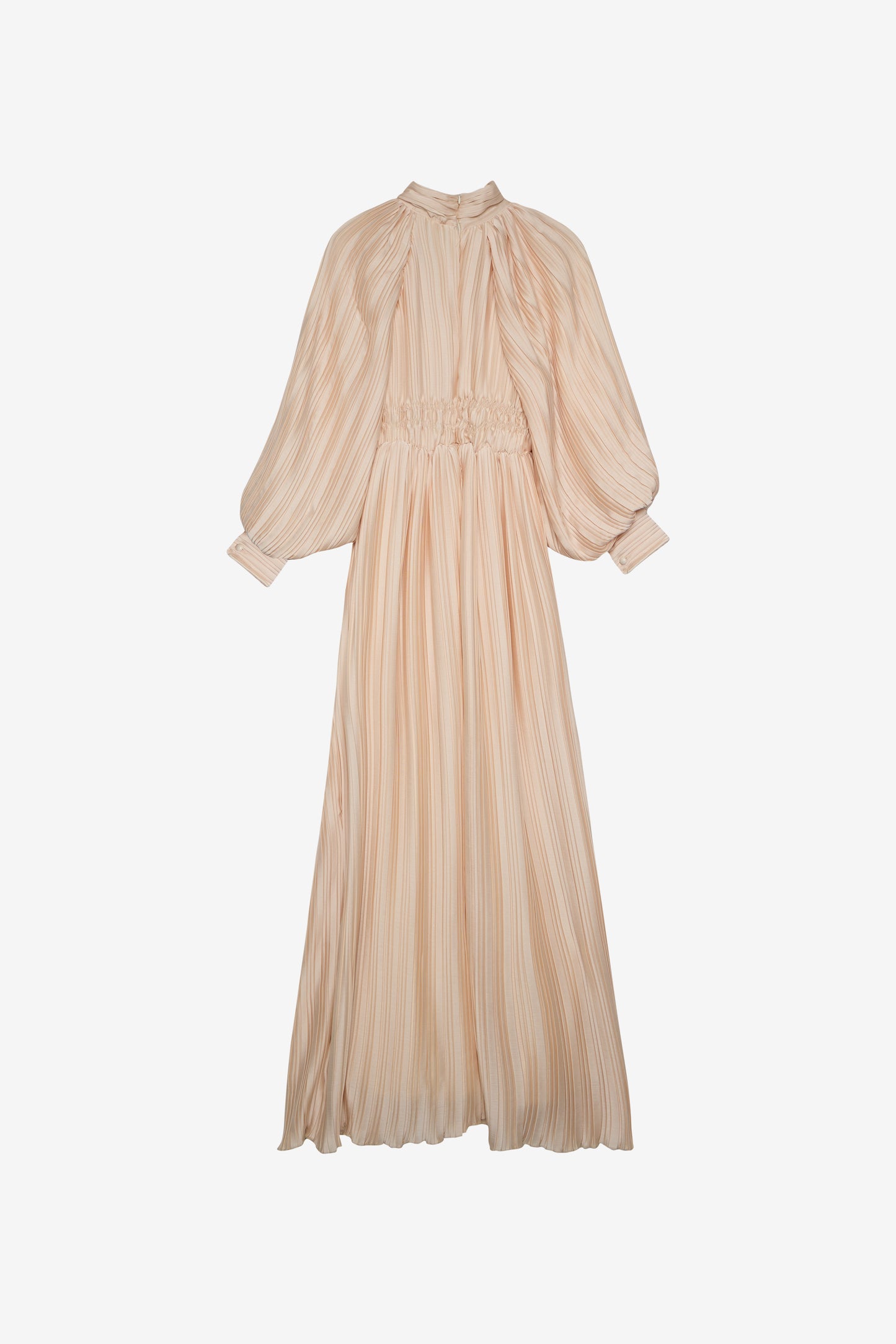 Pleated Blush Maxi Dress with Balloon Sleeves & Elastic Waist