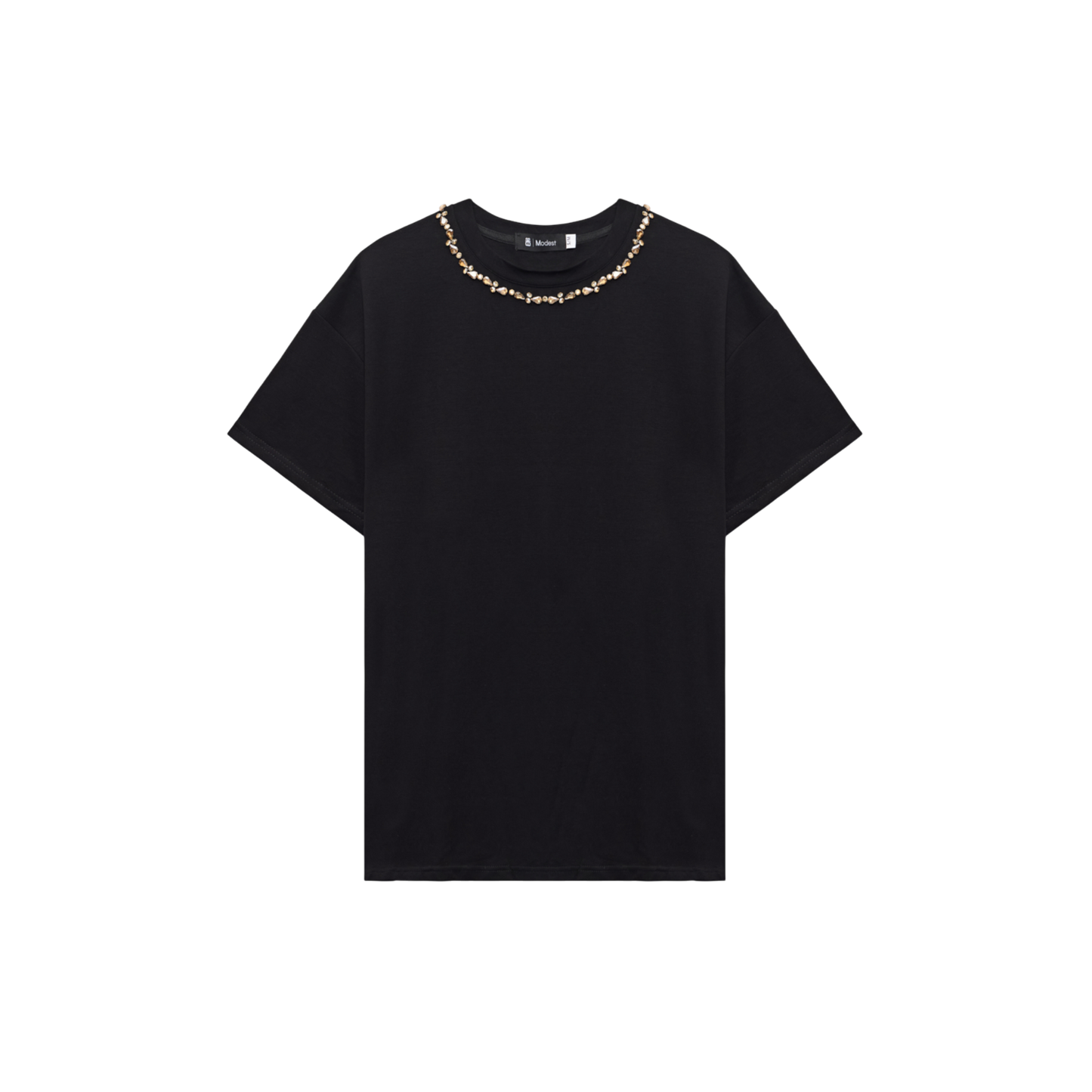Oversized Black T-shirt With Diamante Neckline