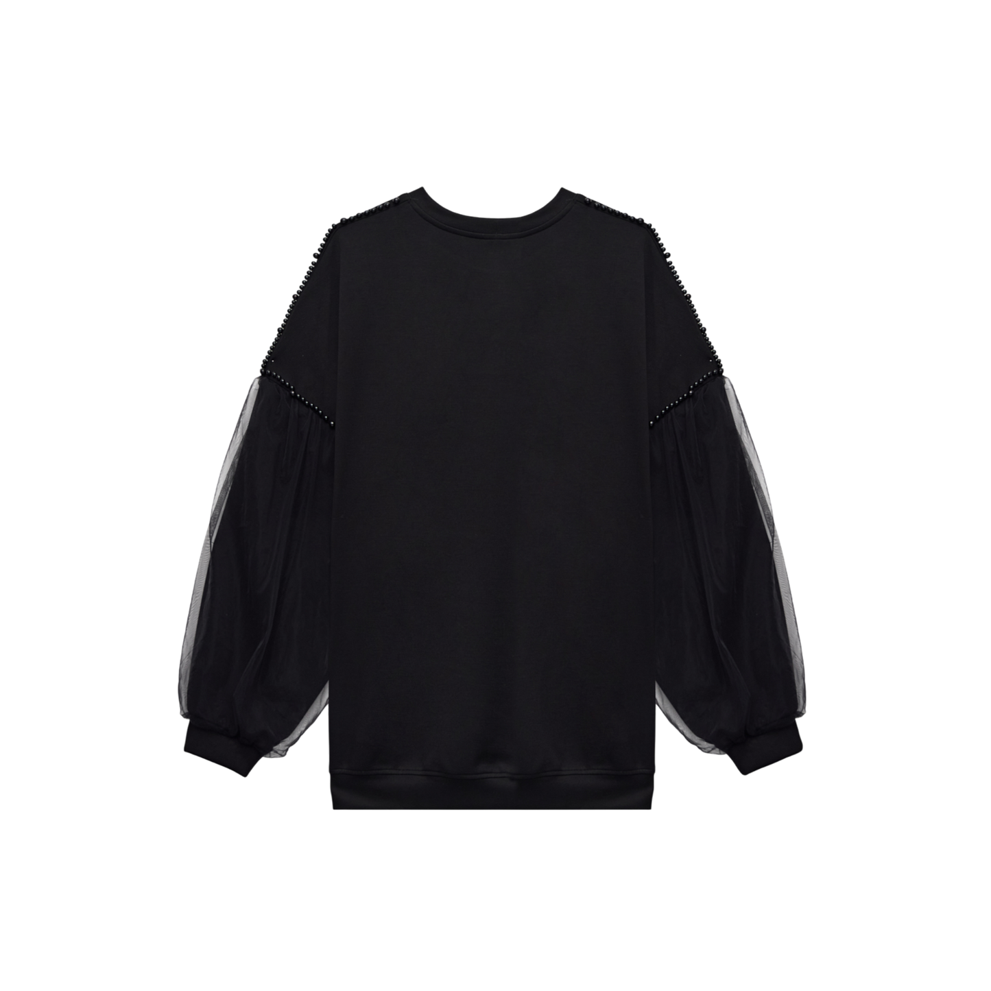 Oversized Beaded Black Shoulder Sheer Sleeve Luxury Scuba Sweatshirt