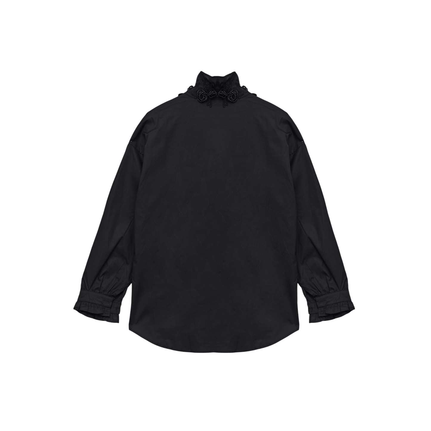 Black High-Neck Shirt with Floral Appliqué Front Detail