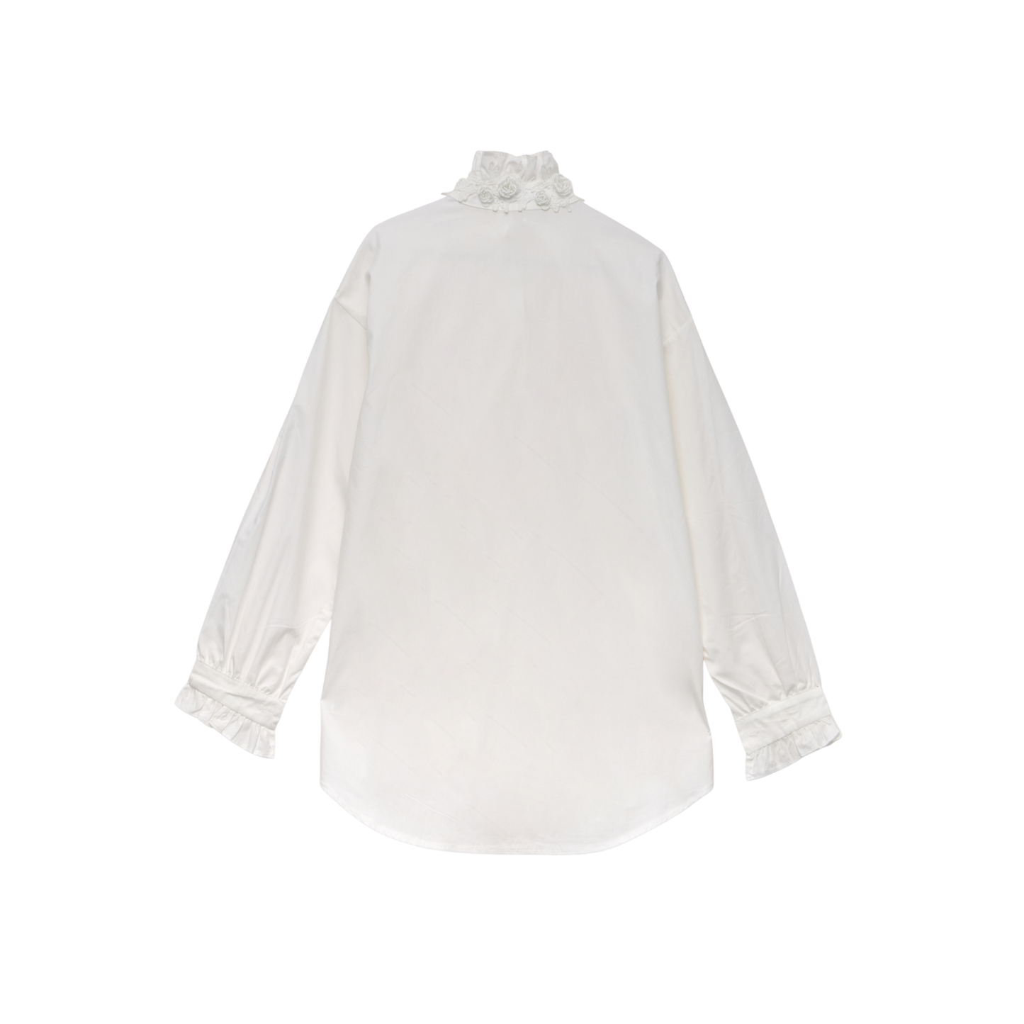 White High-Neck Shirt with Floral Appliqué Front Detail
