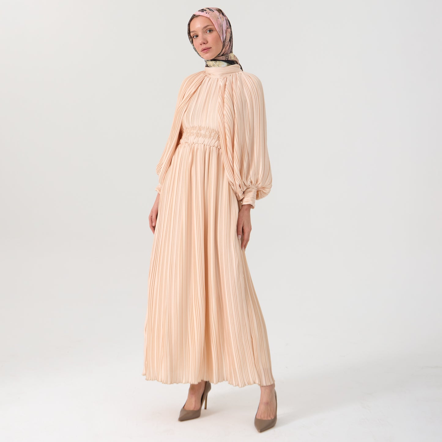 Pleated Blush Maxi Dress with Balloon Sleeves & Elastic Waist