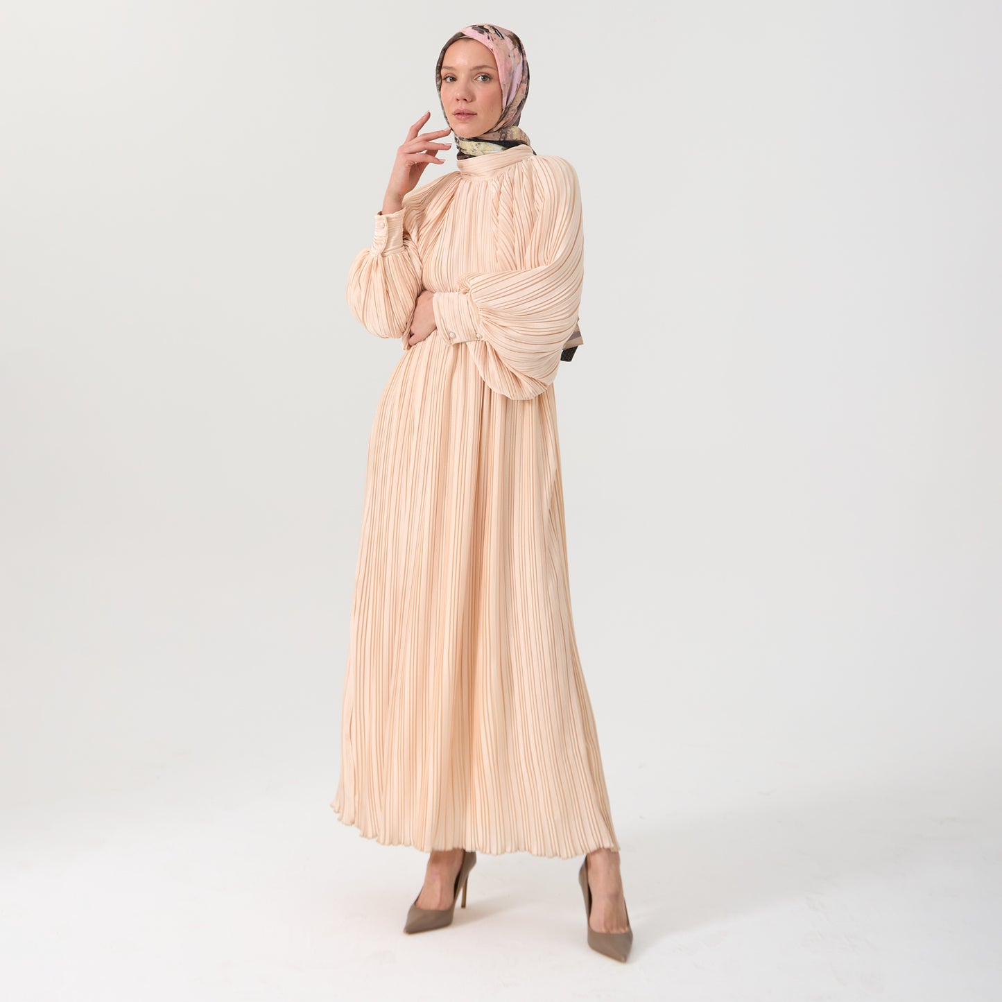Pleated Blush Maxi Dress with Balloon Sleeves & Elastic Waist