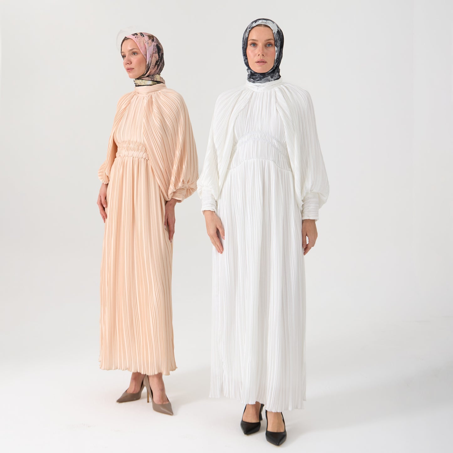 Pleated Blush Maxi Dress with Balloon Sleeves & Elastic Waist
