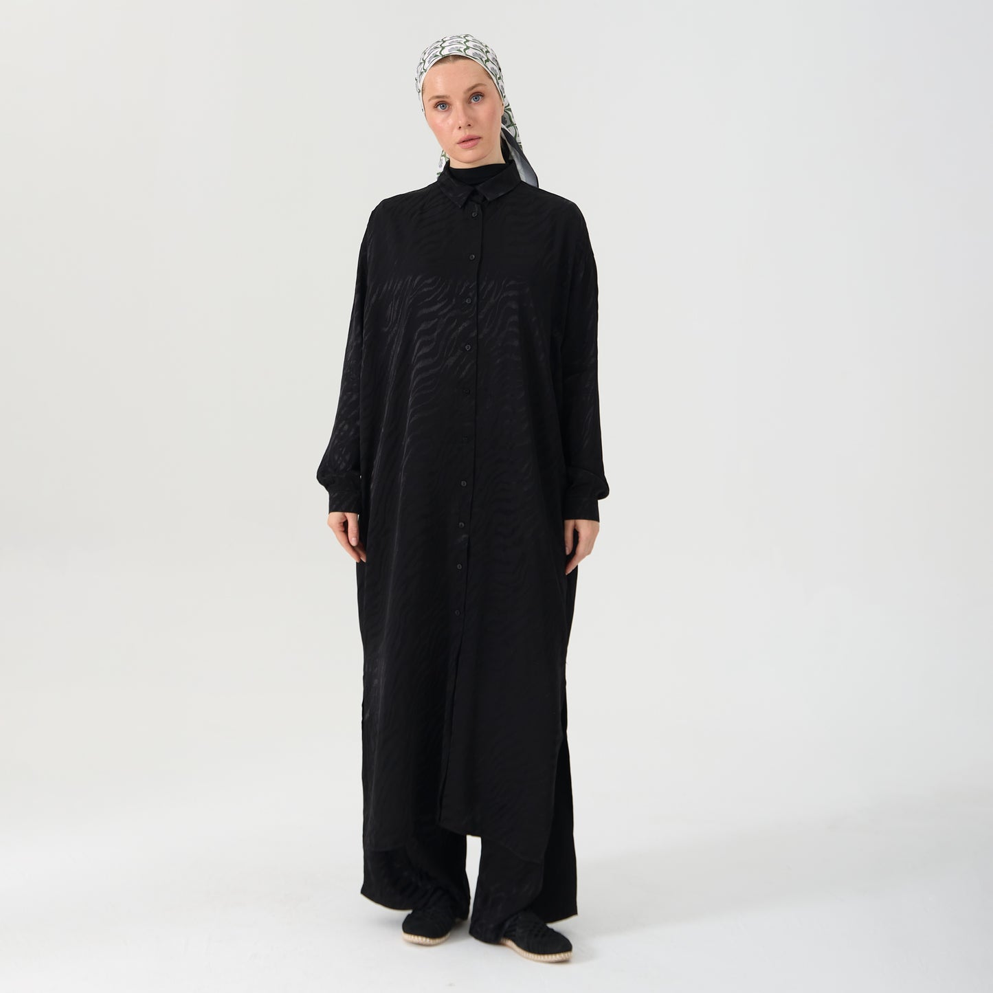 Black Emboss Co-Ord Set - Oversized Long Shirt and Wide-Leg Pants