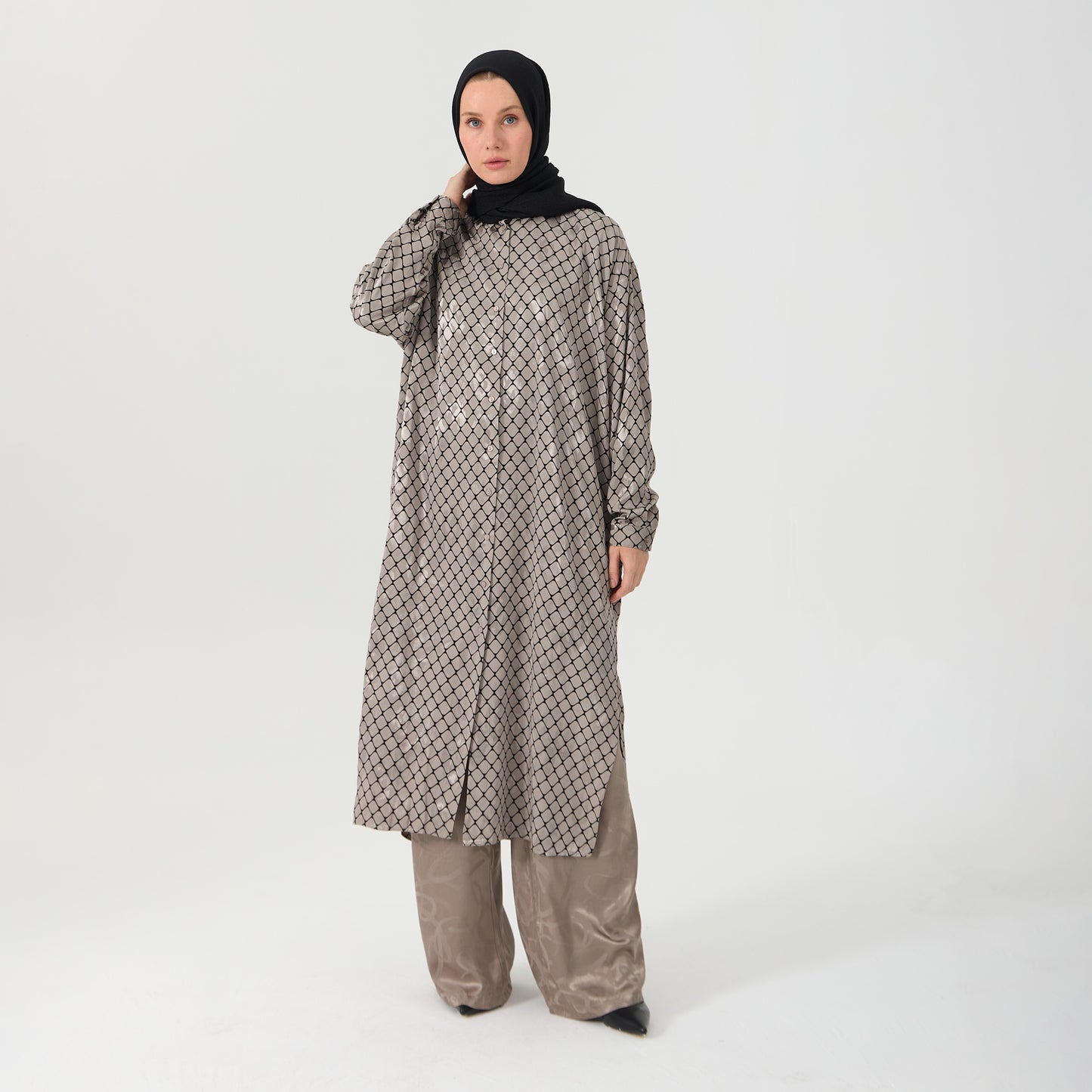 Monochrome Pattern Oversized Long Shirt Dress