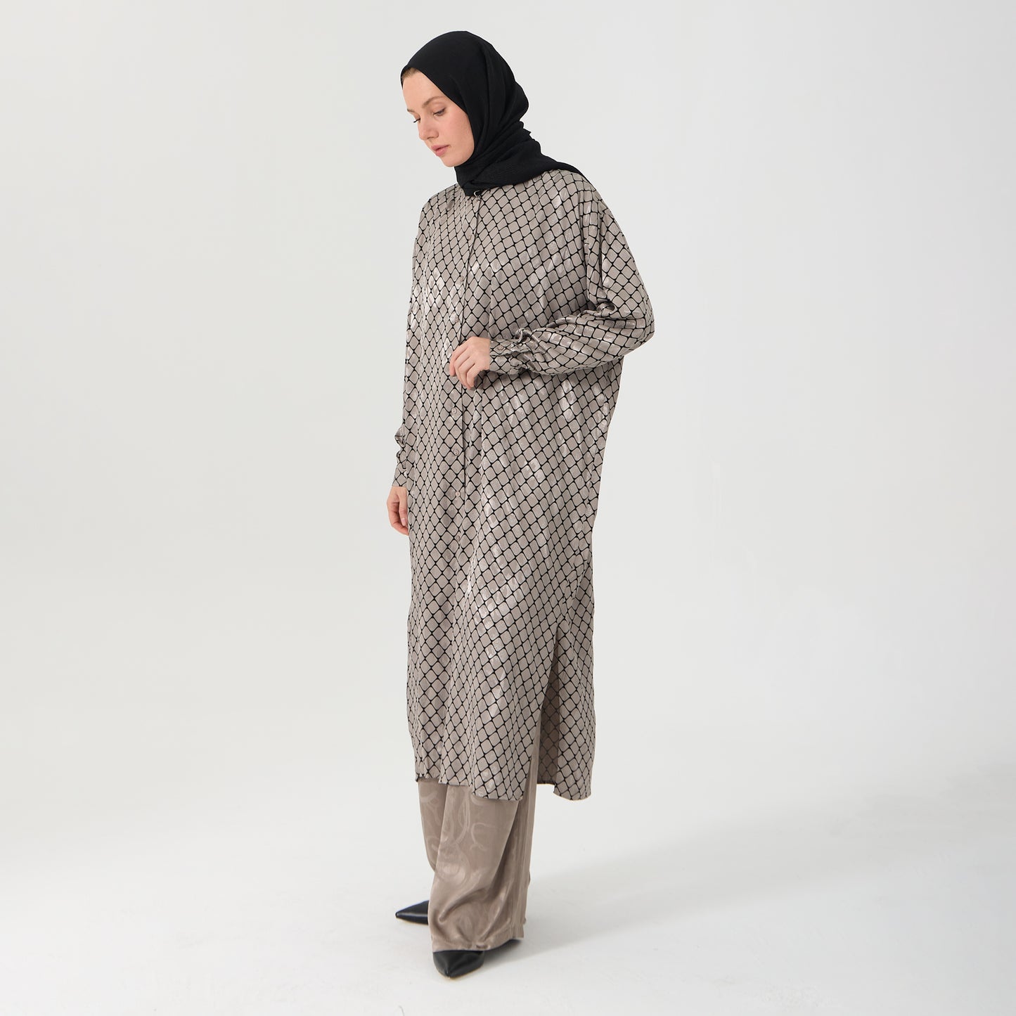 Monochrome Pattern Oversized Long Shirt Dress
