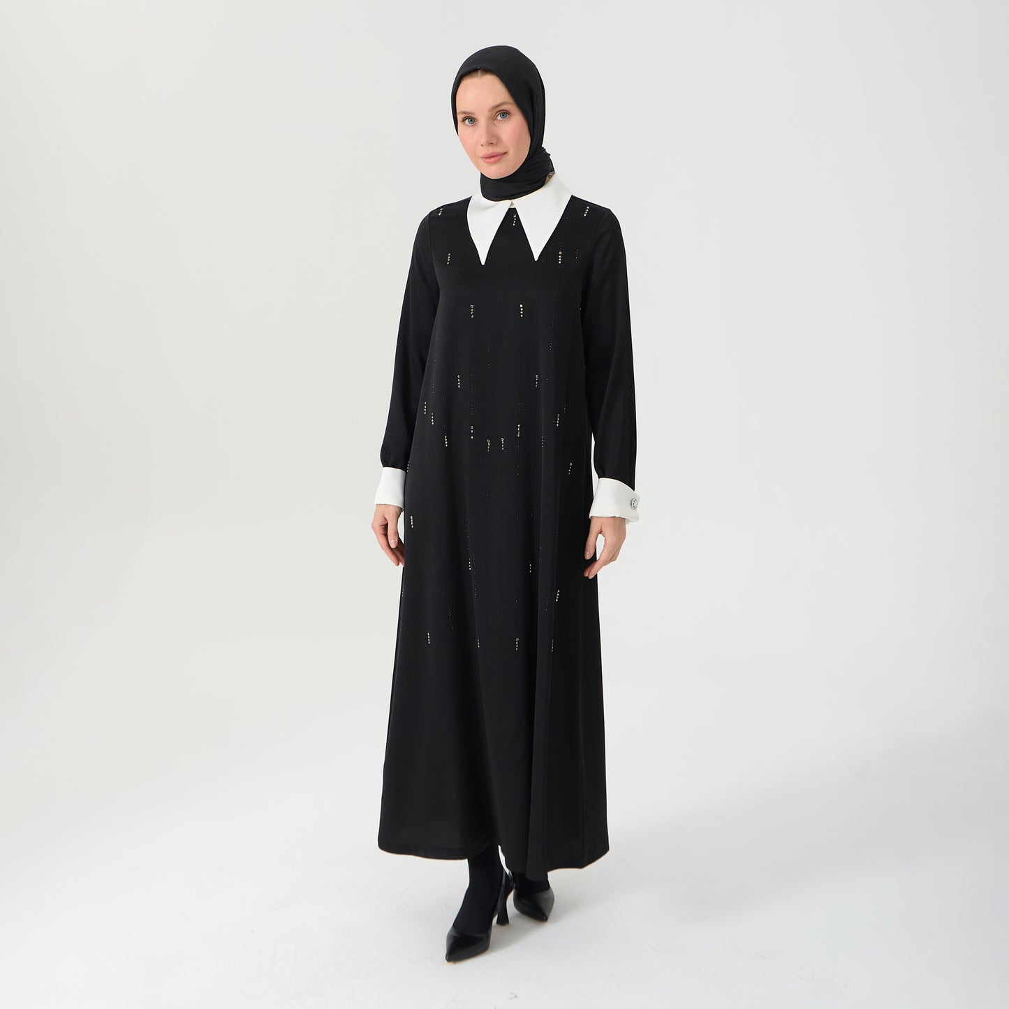 Black Maxi Dress with White Collar & Stone Work
