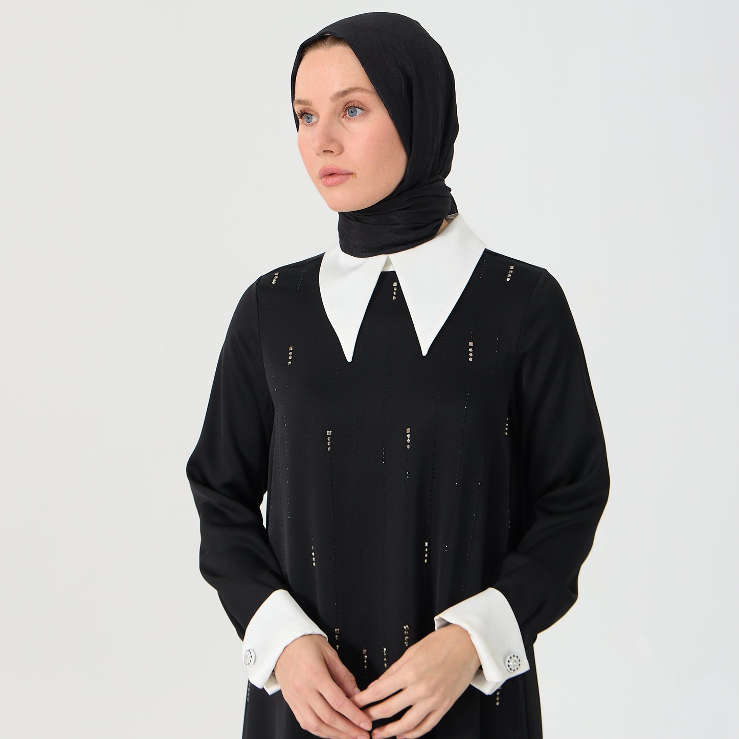 Black Maxi Dress with White Collar & Stone Work