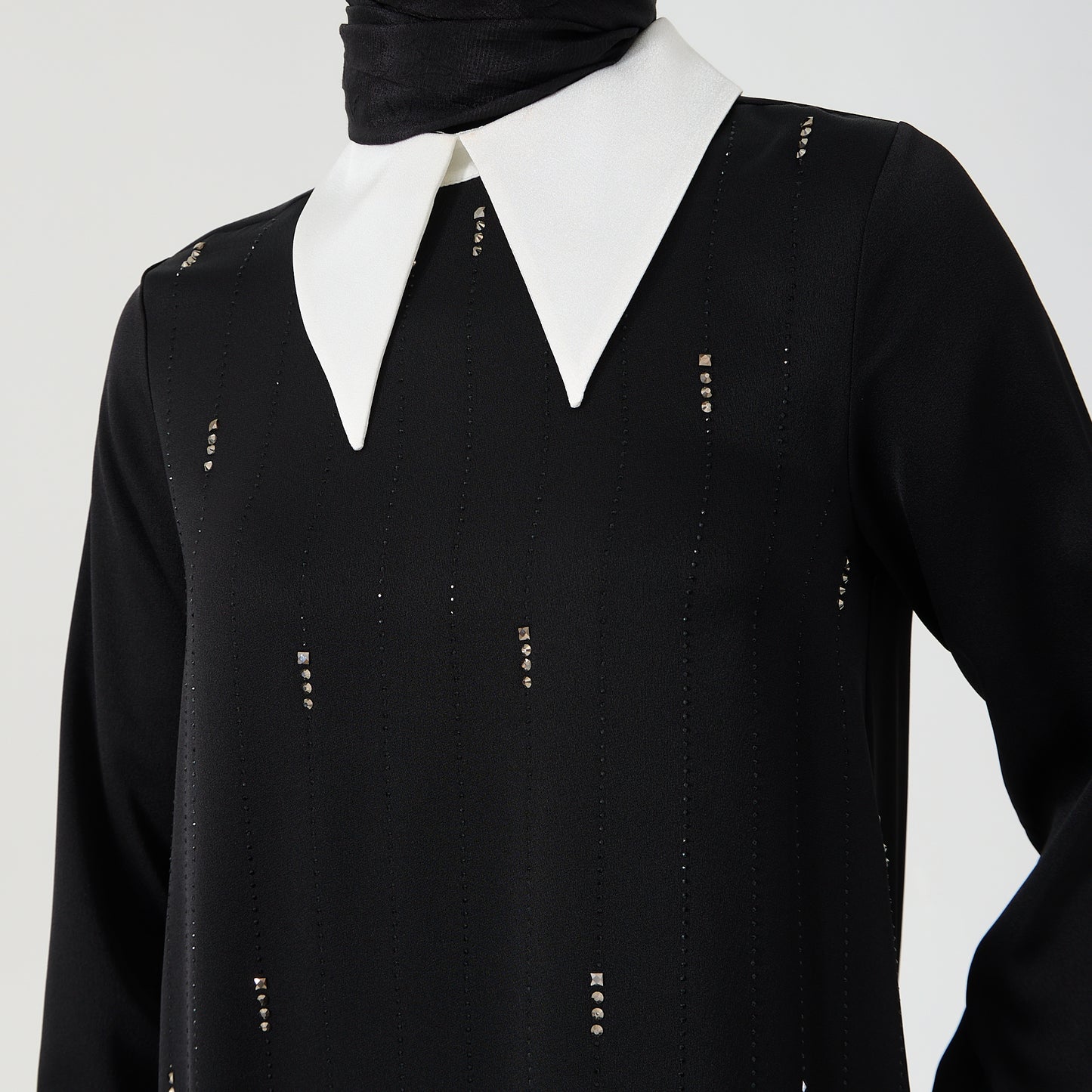 Black Maxi Dress with White Collar & Stone Work