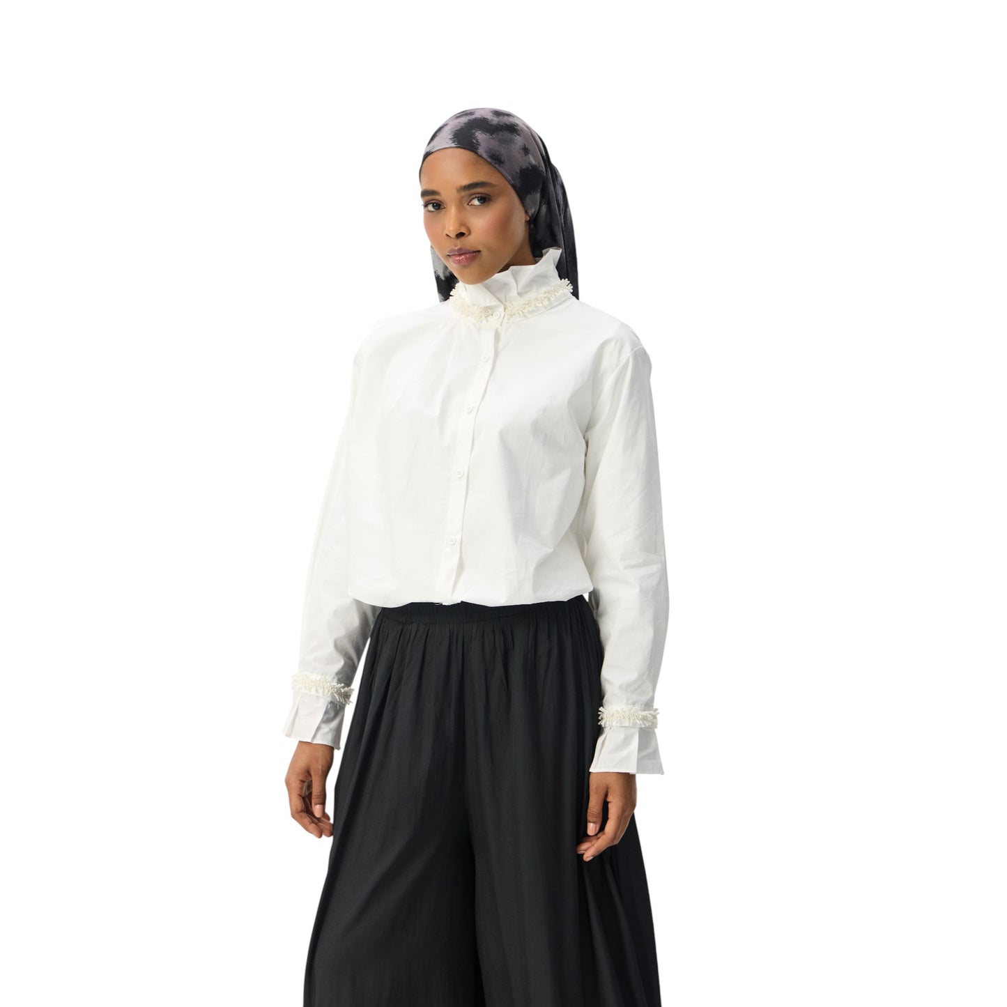 Ruffled High Collar and Delicate Cuff Trim Shirt