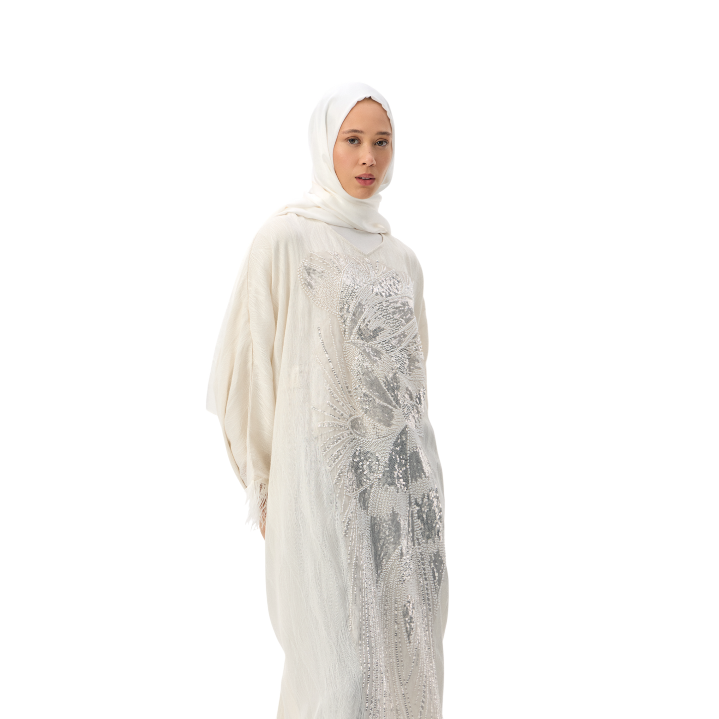 Ivory Batwing Kaftan with Silver Embellishment & Feather Detailing