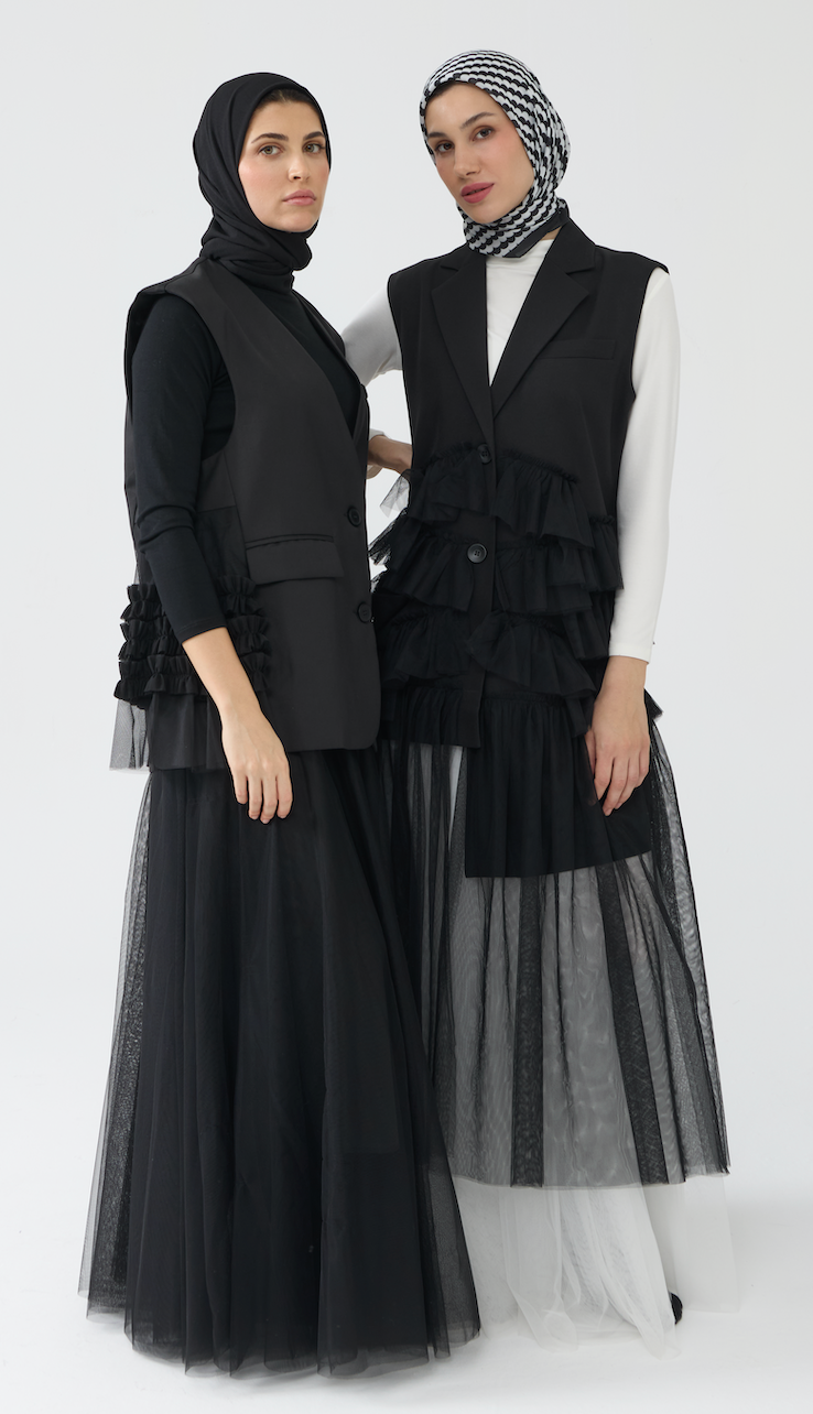 Sleeveless Blazer Vest with Tulle Detailing