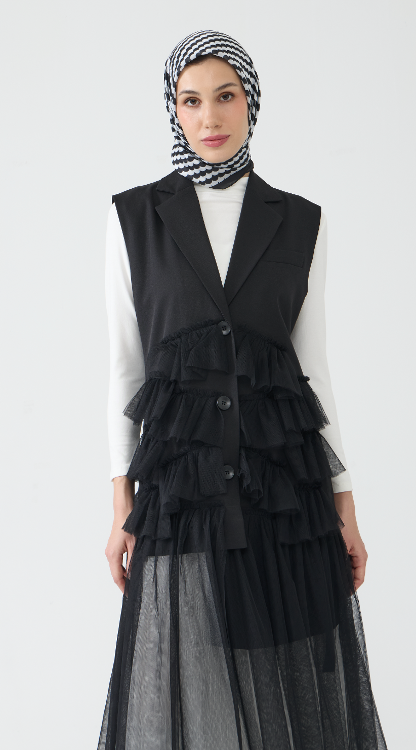 Sleeveless Longline Blazer with Tulle Detailing