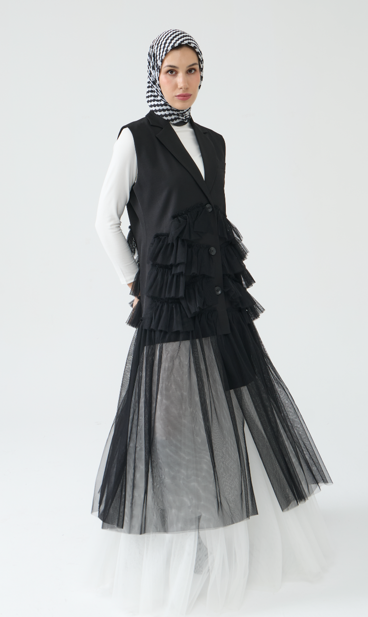 Sleeveless Longline Blazer with Tulle Detailing