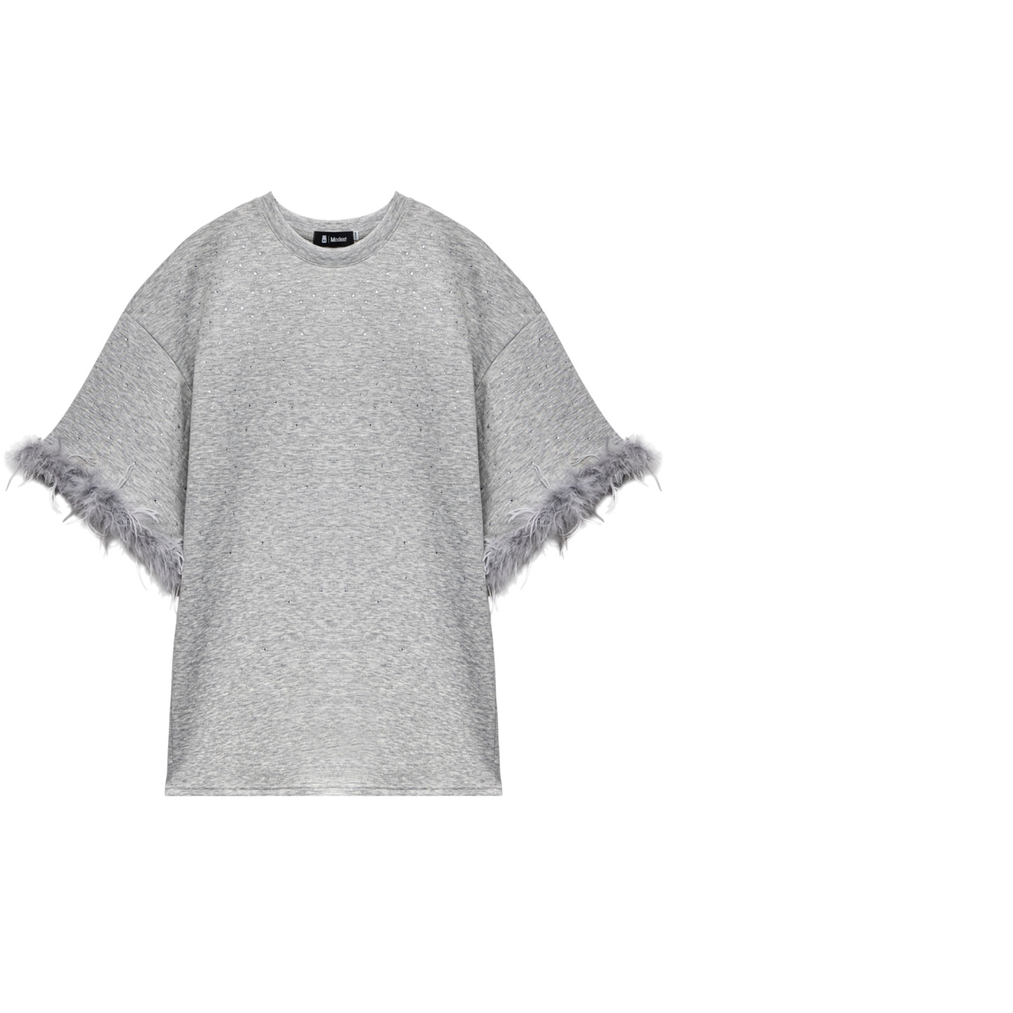 Oversized Grey T-shirt With Feather Trim Sleeve
