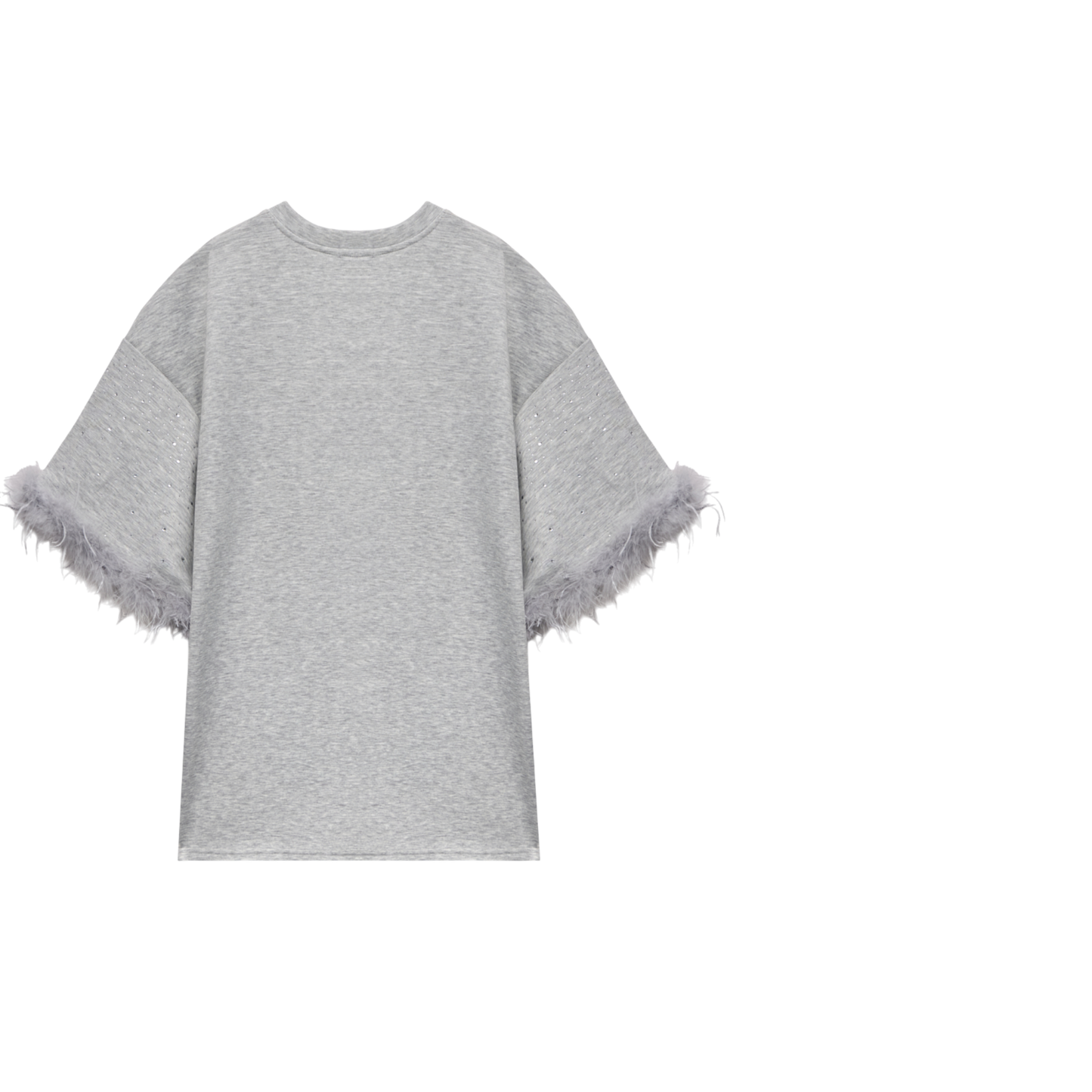 Oversized Grey T-shirt With Feather Trim Sleeve