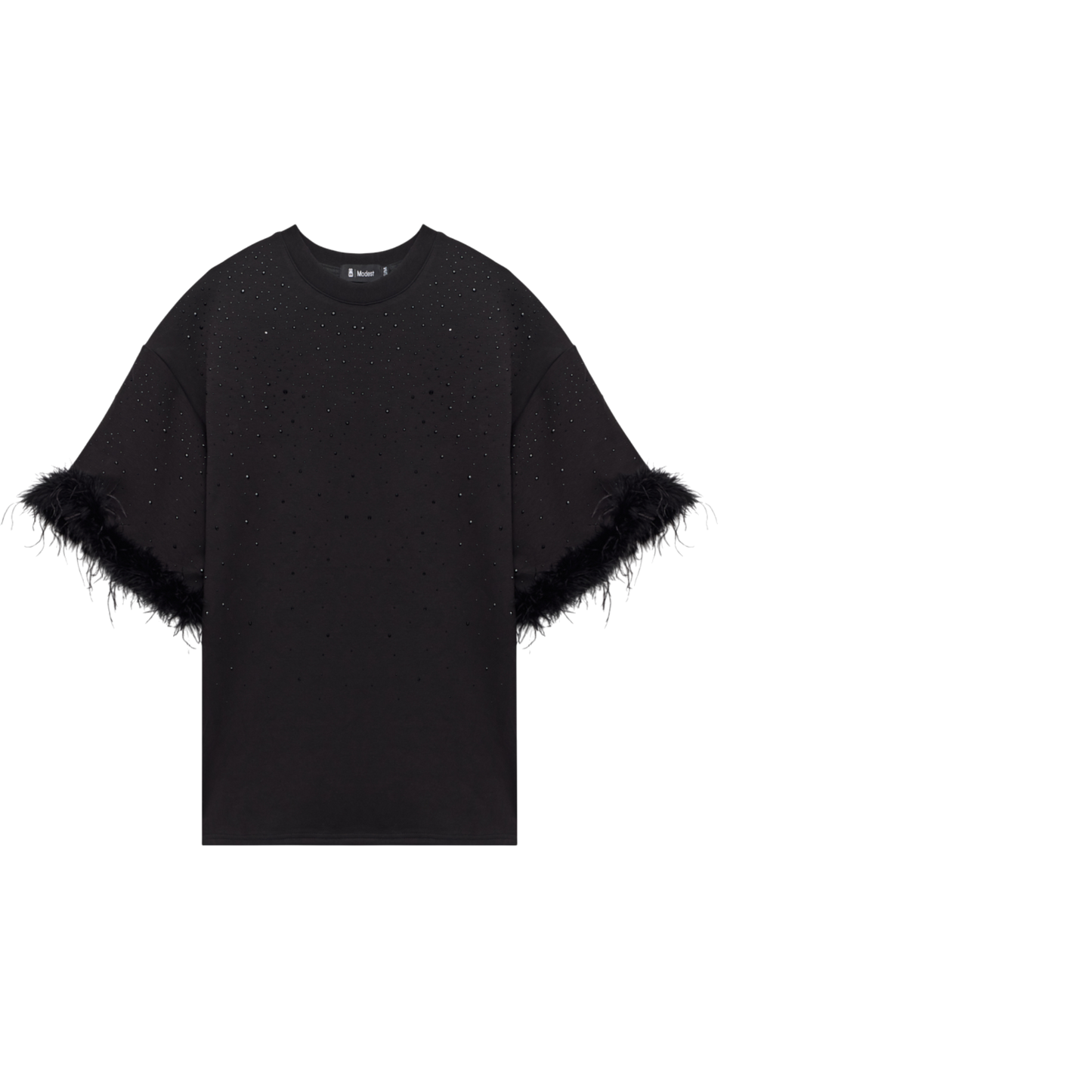 Oversized Black T-shirt With Feather Trim Sleeve