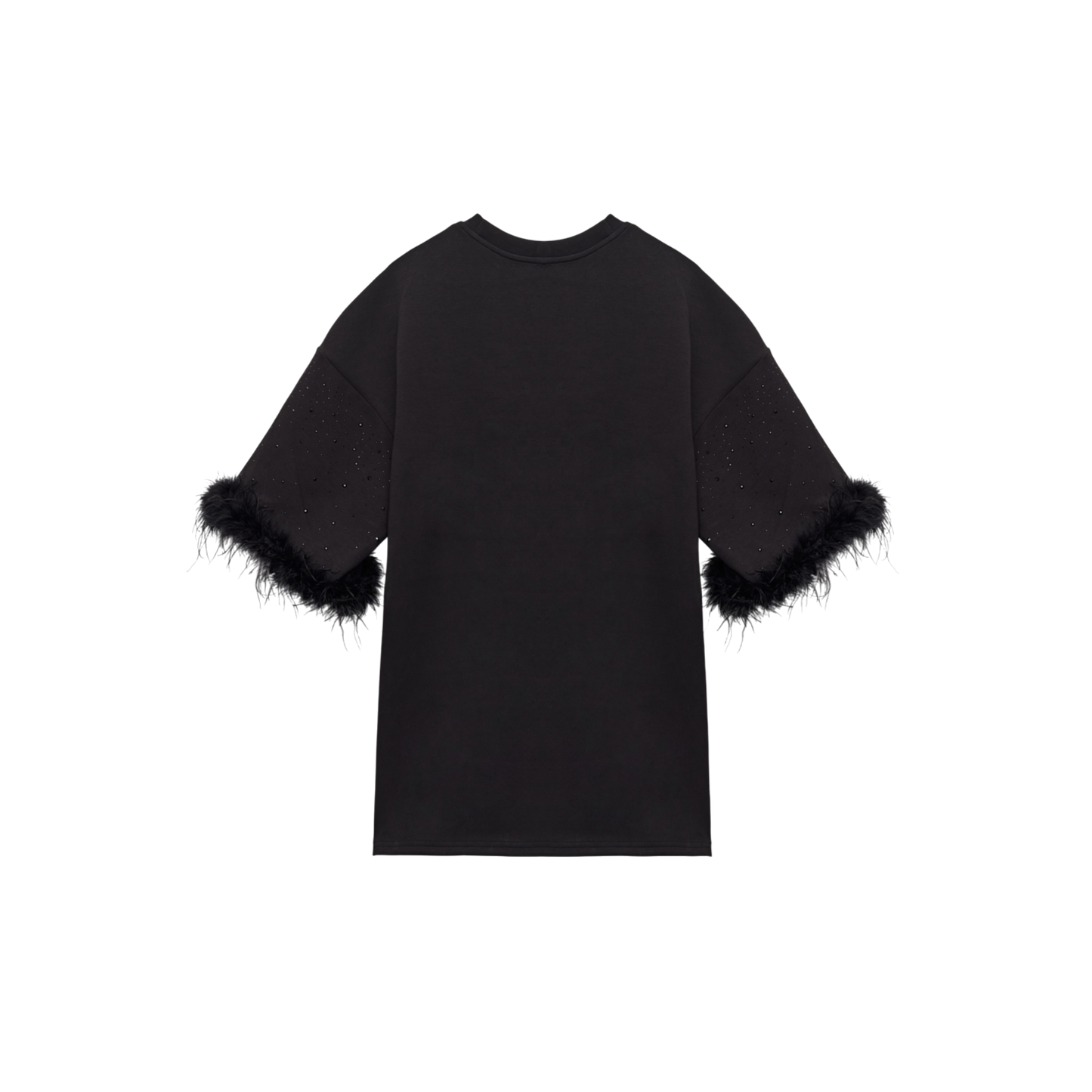 Oversized Black T-shirt With Feather Trim Sleeve