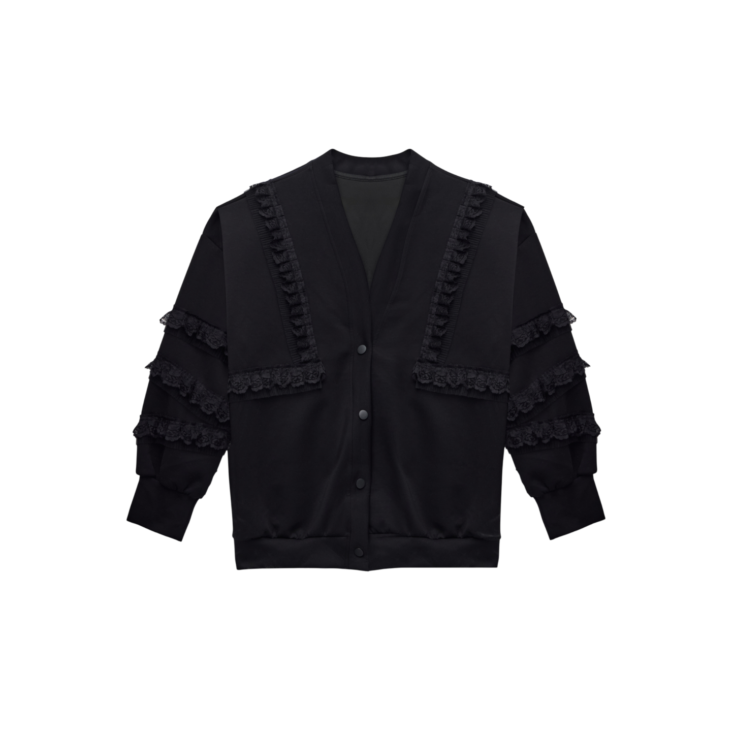 Ruffle Appliqué Trim Black Luxury Scuba Oversized Cardigan