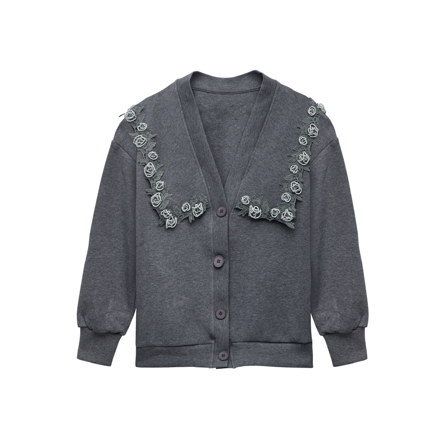 Floral Appliqué Trim Grey Luxury Scuba Oversized Cardigan