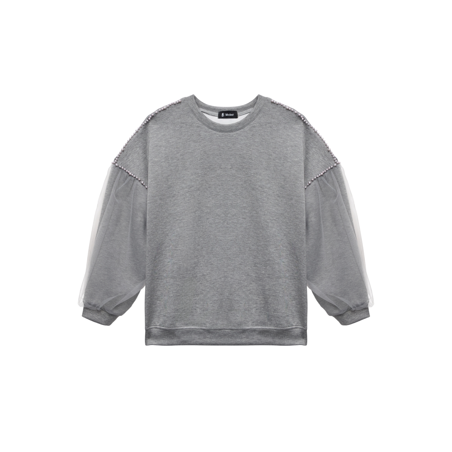 Oversized Beaded Grey Shoulder Sheer Sleeve Luxury Scuba Sweatshirt
