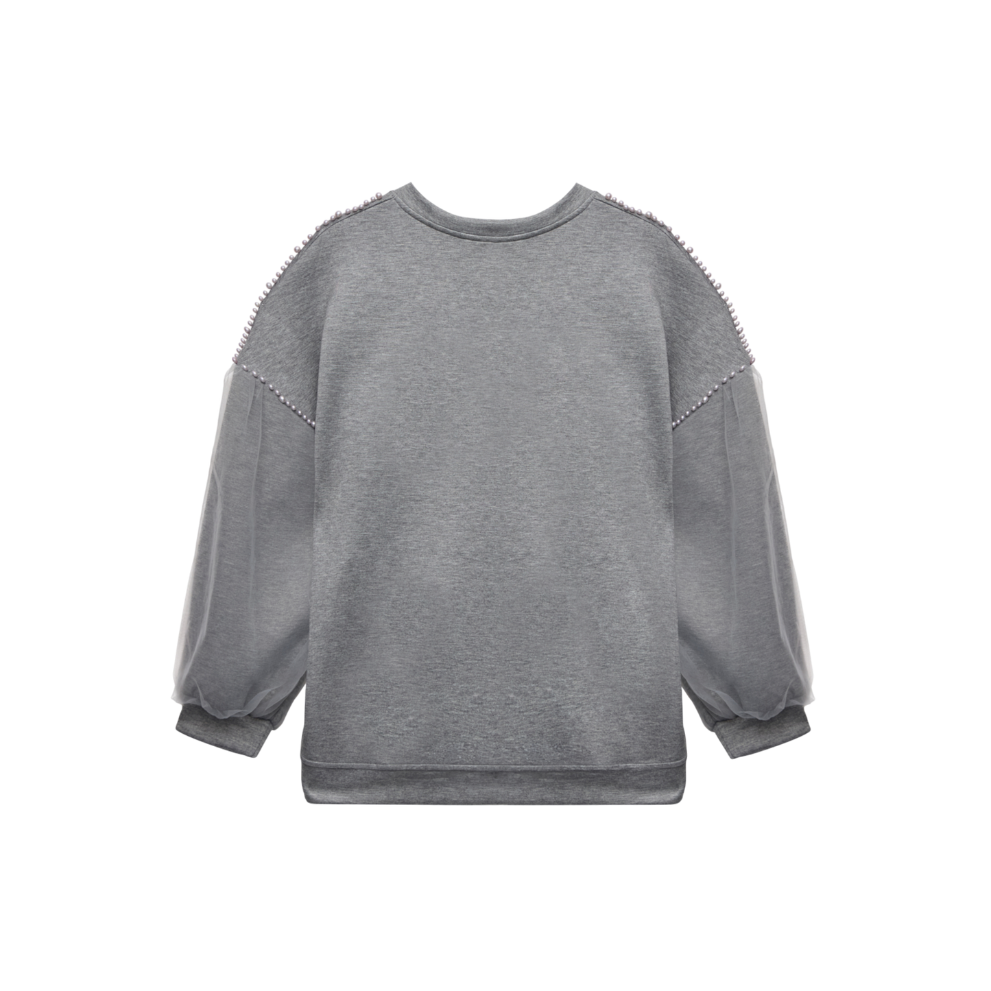 Oversized Beaded Grey Shoulder Sheer Sleeve Luxury Scuba Sweatshirt