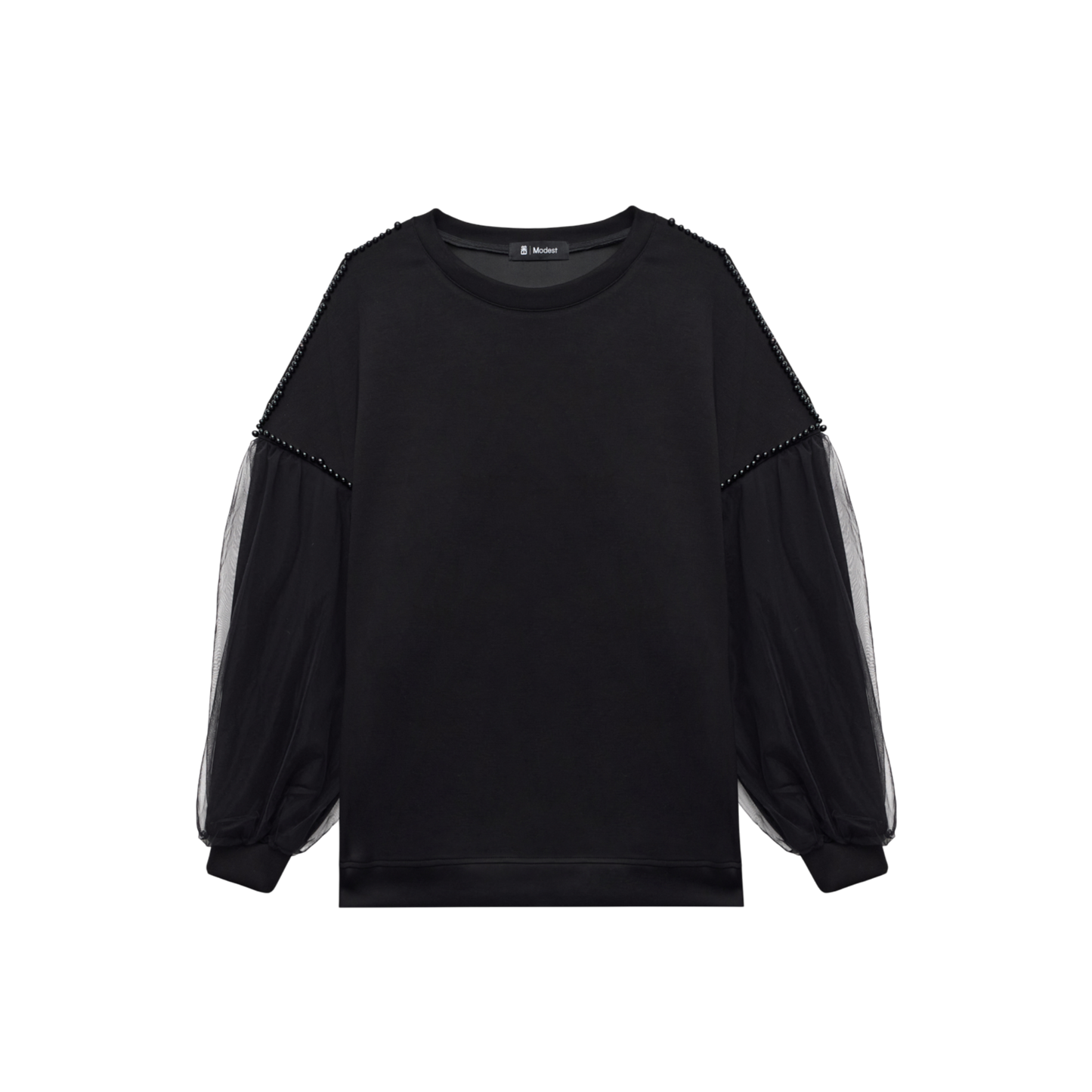 Oversized Beaded Black Shoulder Sheer Sleeve Luxury Scuba Sweatshirt
