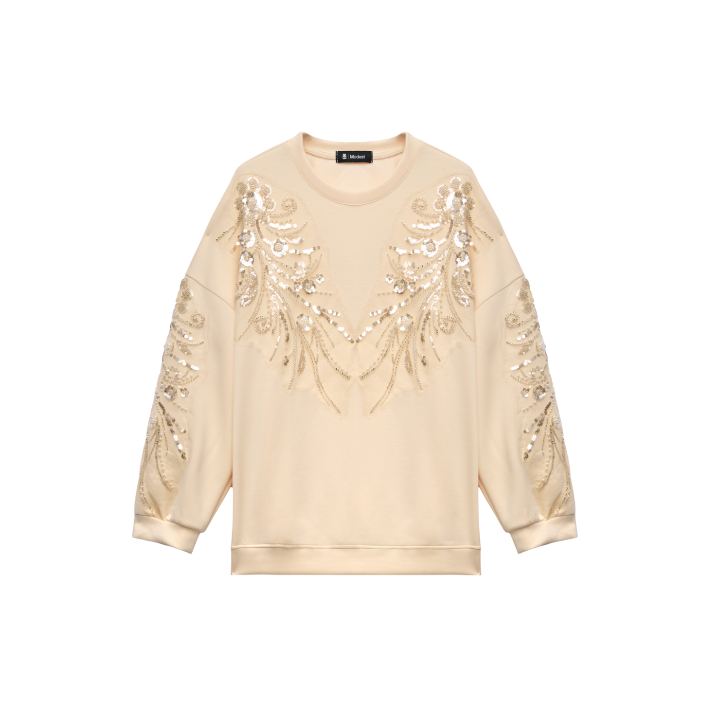 Embroidered Oversized Cream Sequin Motif Luxury Scuba Sweatshirt
