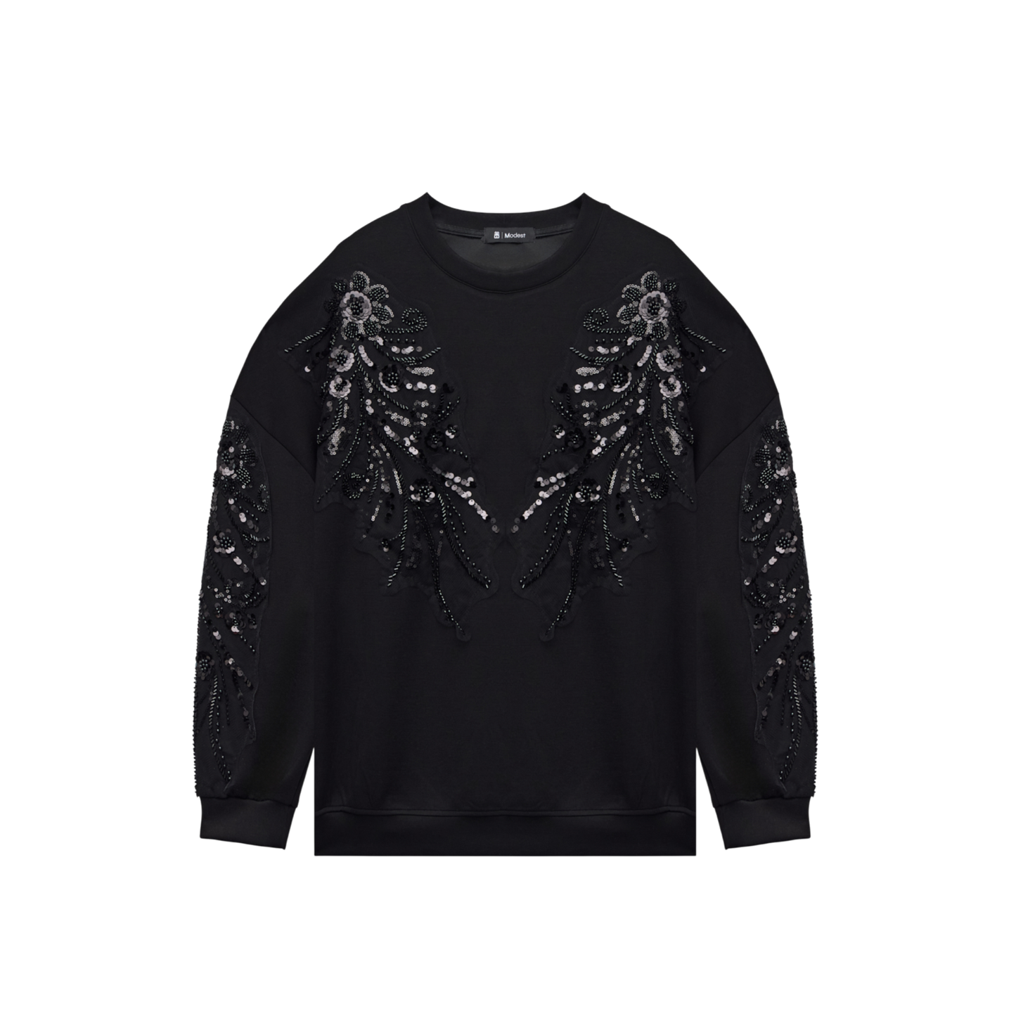 Embroidered Oversized Black Sequin Motif Luxury Scuba Sweatshirt