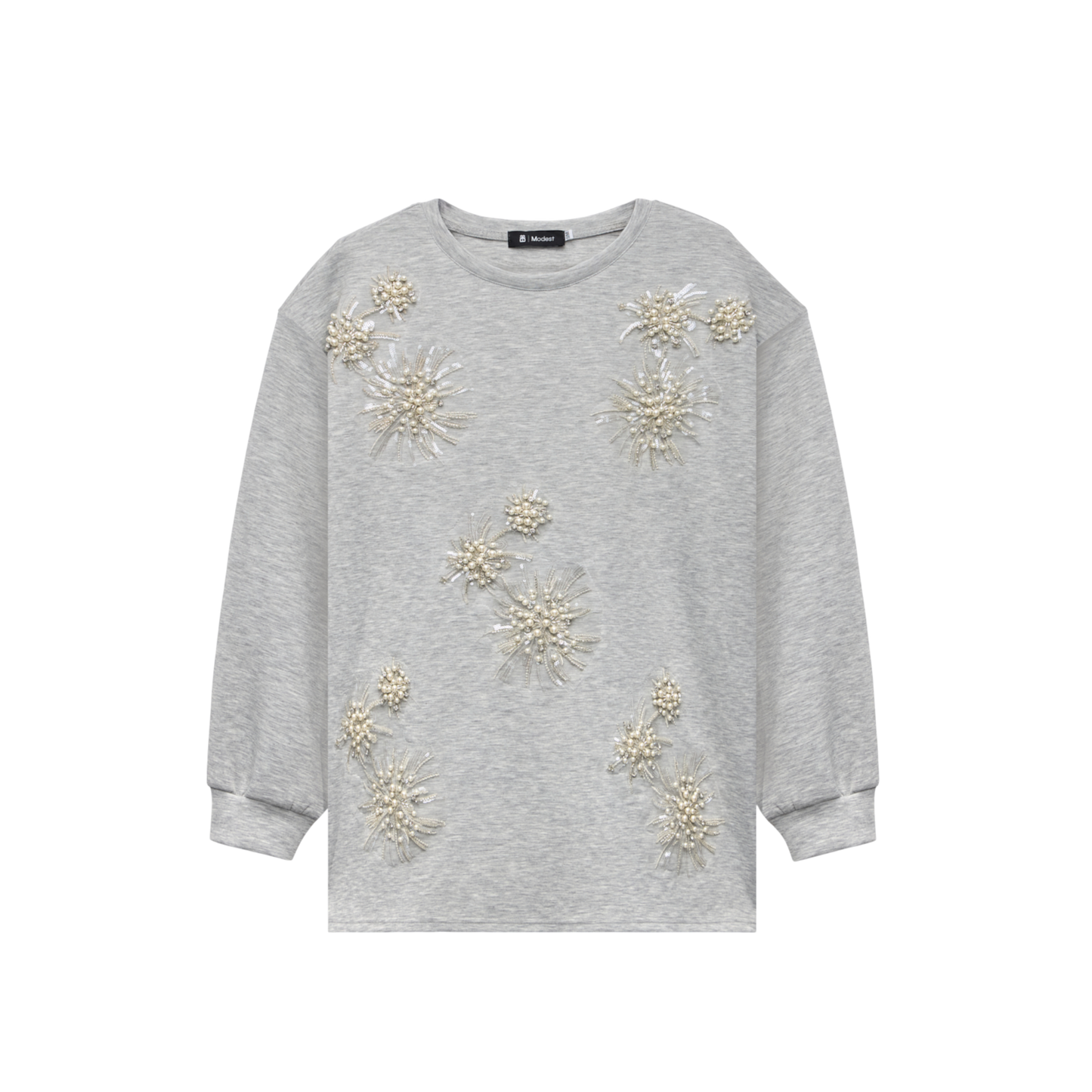 Pearl-Embellished Grey Floral Luxury Scuba Sweatshirt