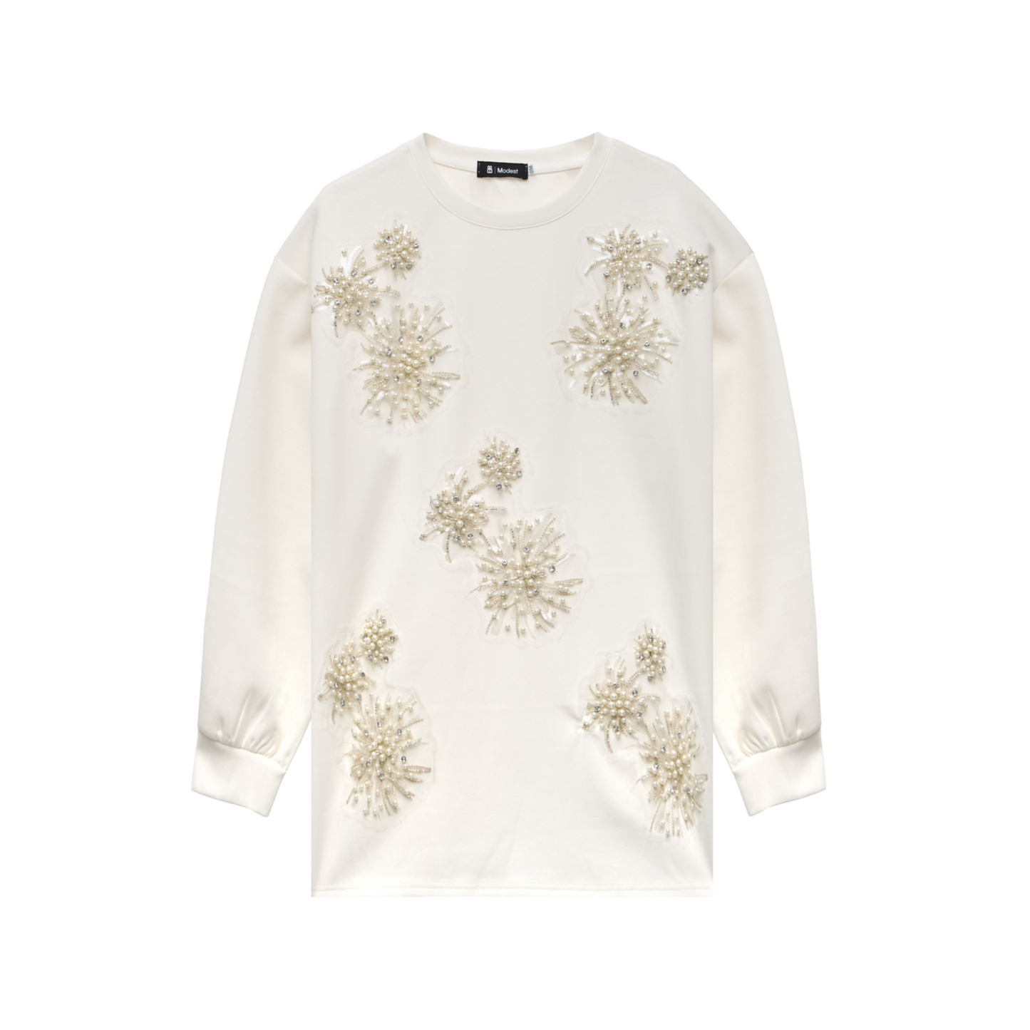 Pearl-Embellished White Floral Luxury Scuba Sweatshirt