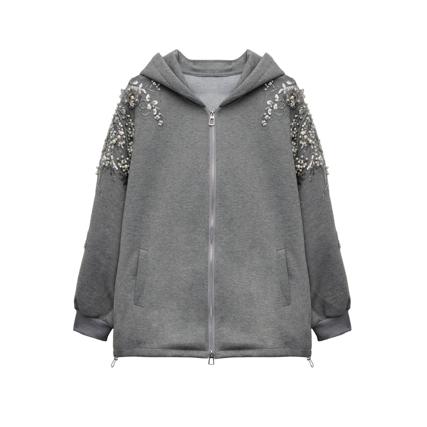 Embellished Oversized Grey Sleeve Zip-Up Luxury Scuba Hoodie