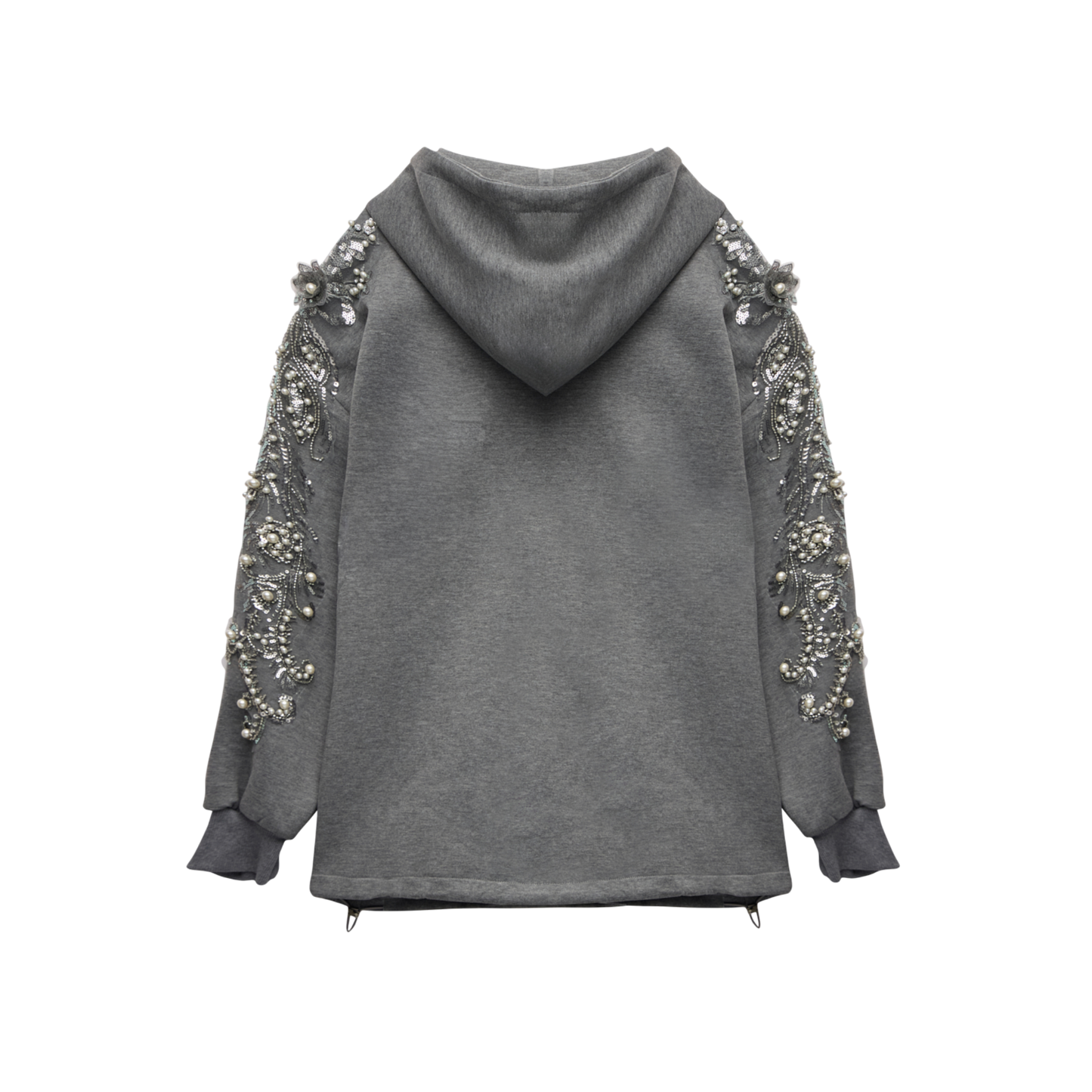 Embellished Oversized Grey Sleeve Zip-Up Luxury Scuba Hoodie