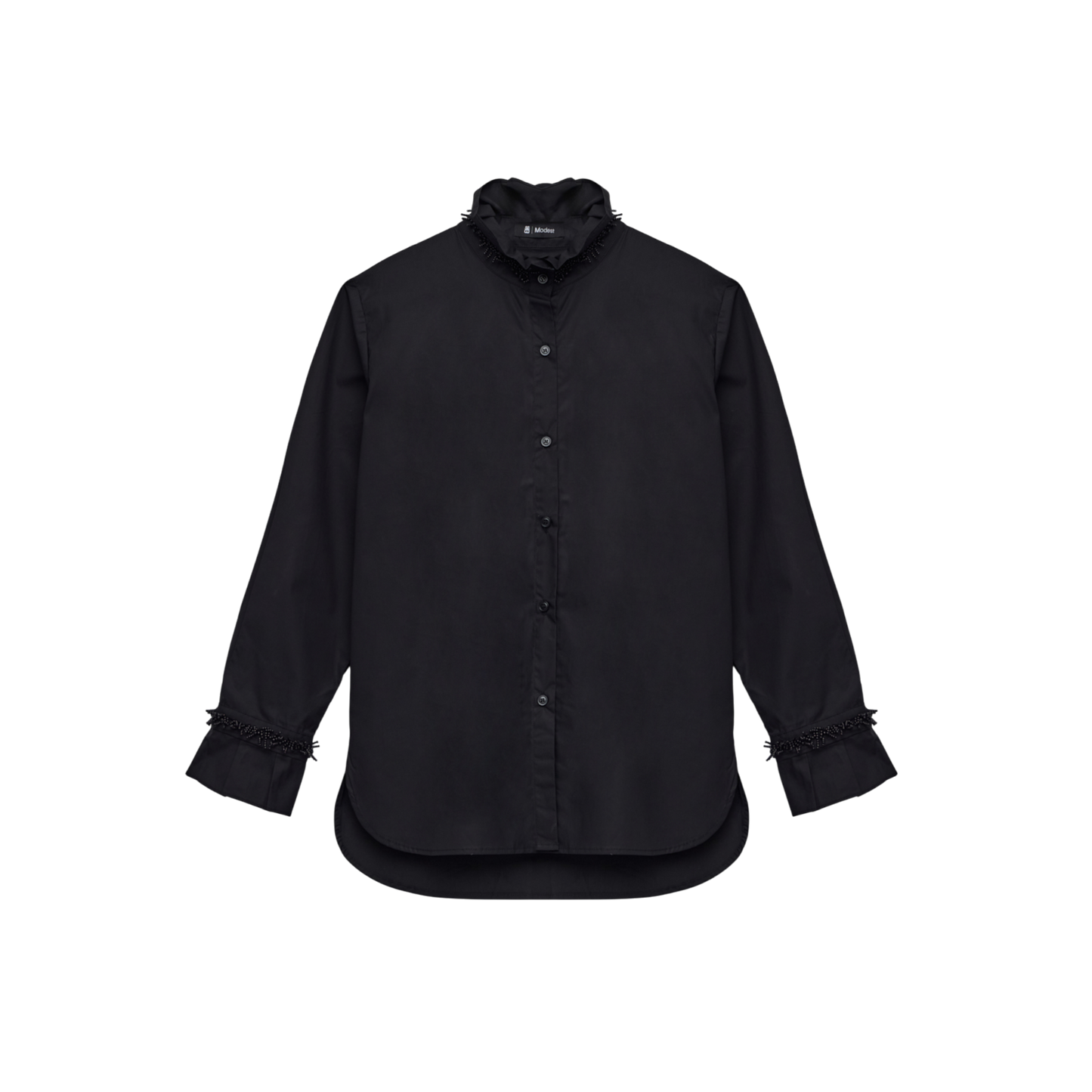 Black Ruffled High Collar and Delicate Cuff Trim Shirt