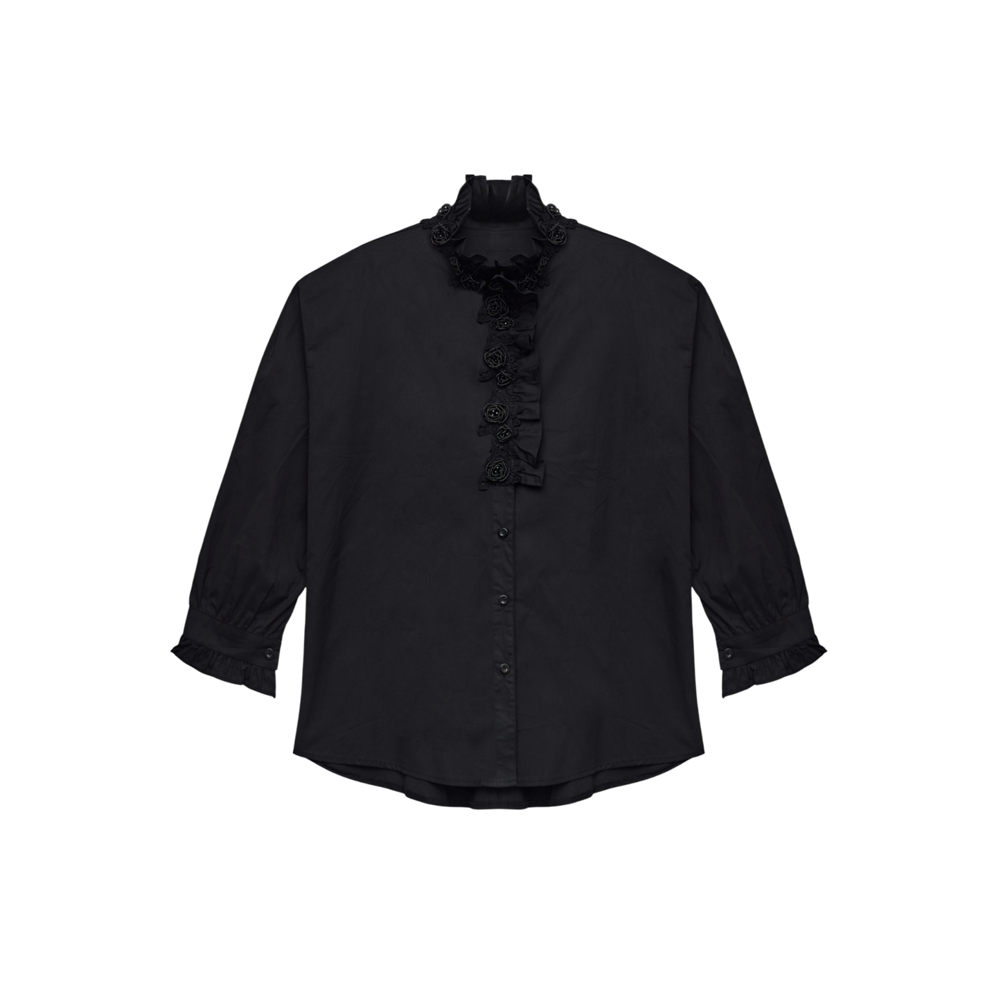 Black High-Neck Shirt with Floral Appliqué Front Detail