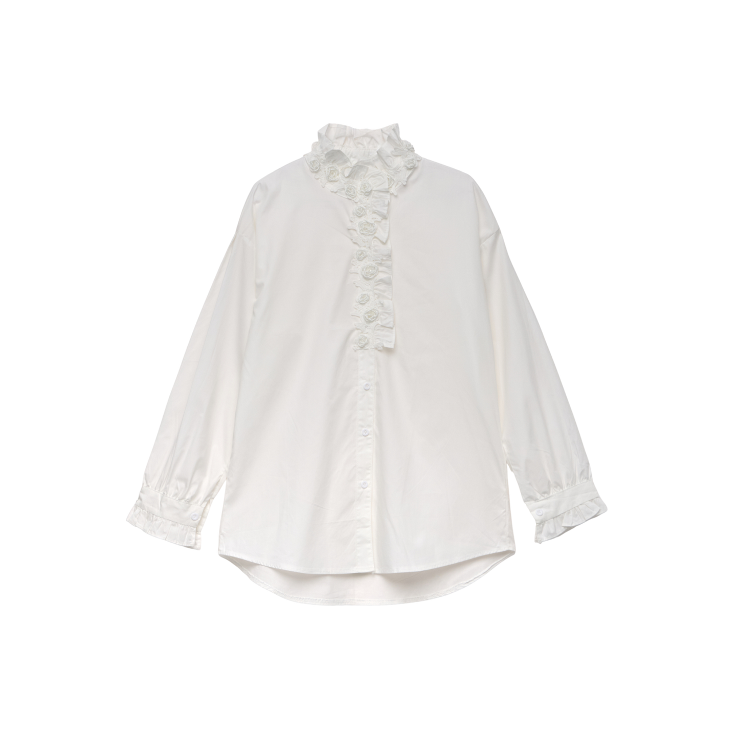White High-Neck Shirt with Floral Appliqué Front Detail