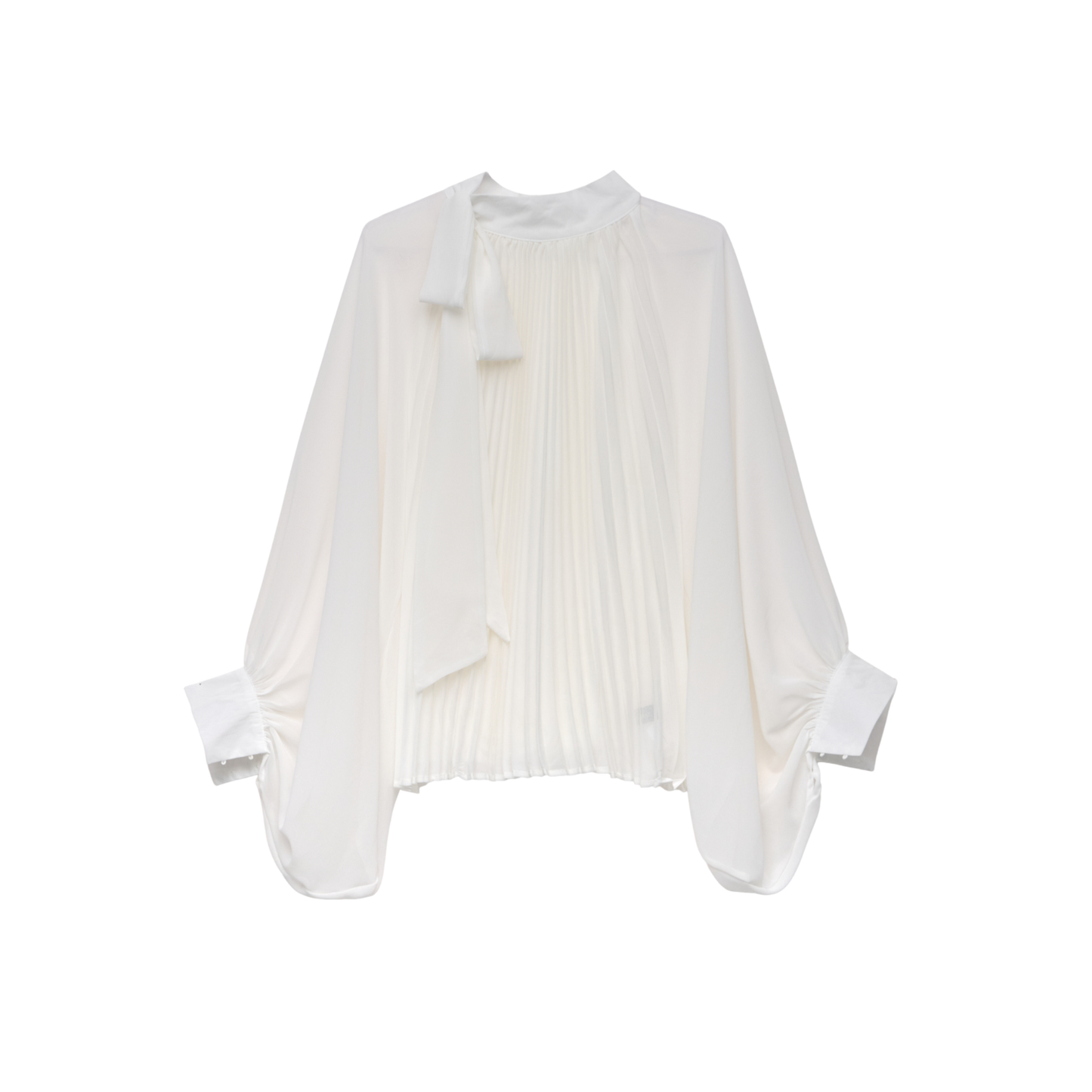 White Pleated Chiffon Tie-Neck Blouse