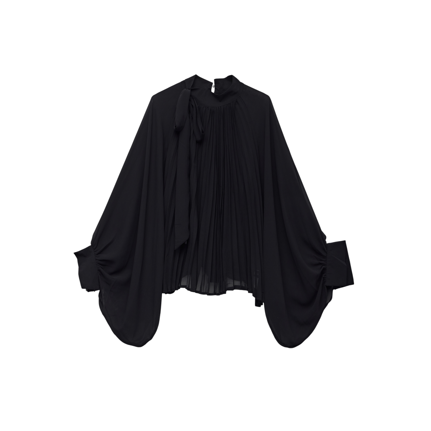 Black Pleated Chiffon Tie-Neck Blouse