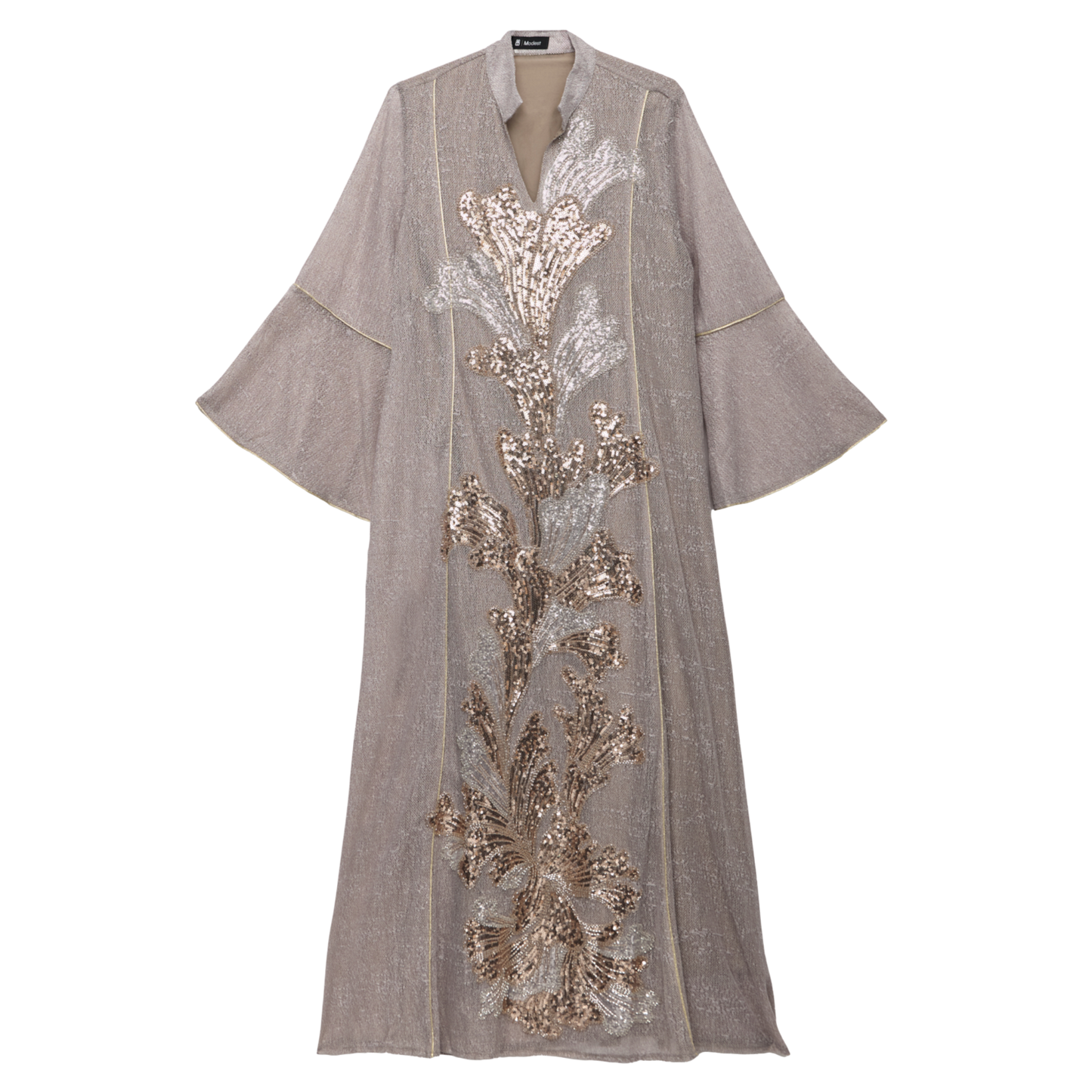 Embroidered Stone Kaftan with Gold Leaf Detailing