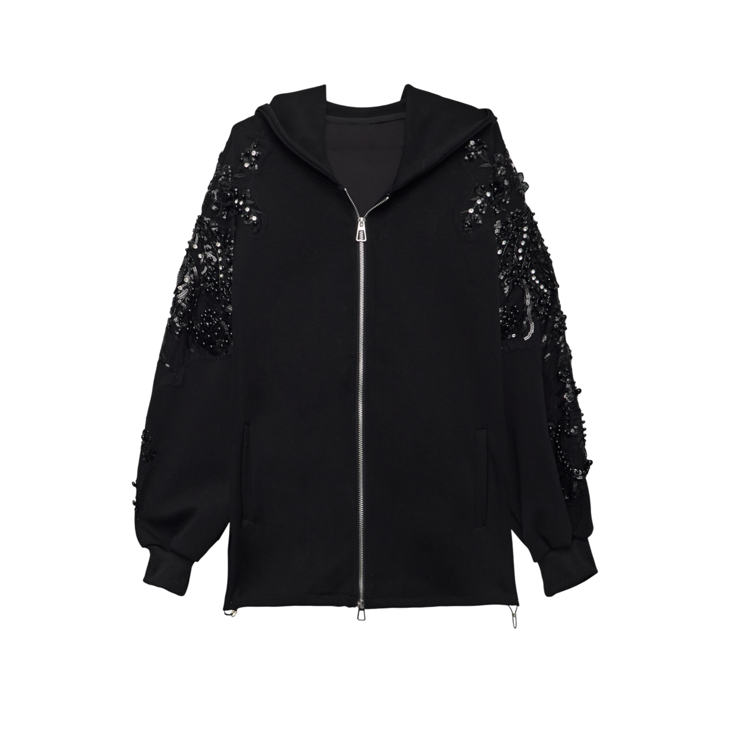 Embellished Oversized Black Sleeve Zip-Up Hoodie Luxary Scuba Hoodie
