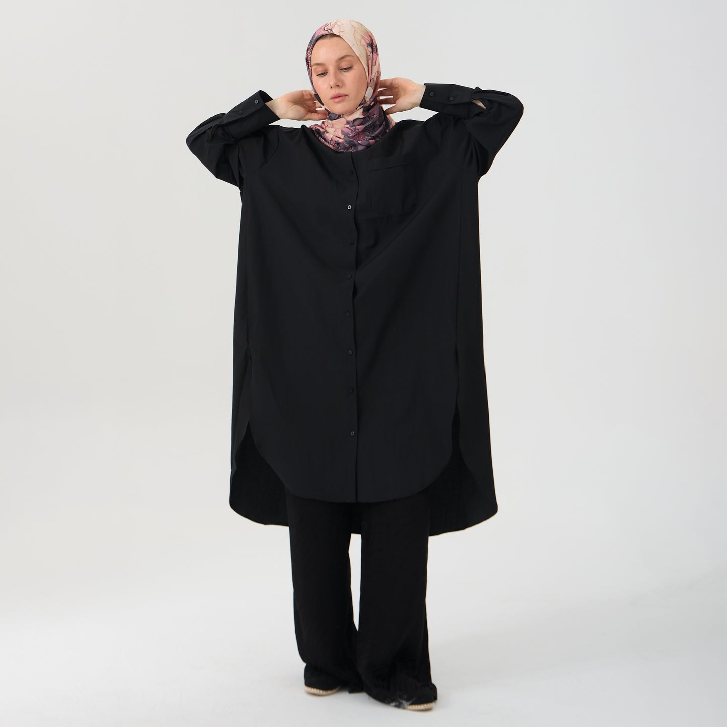 Minimalist BLACK Oversized Shirt Dress with Back Button Accent