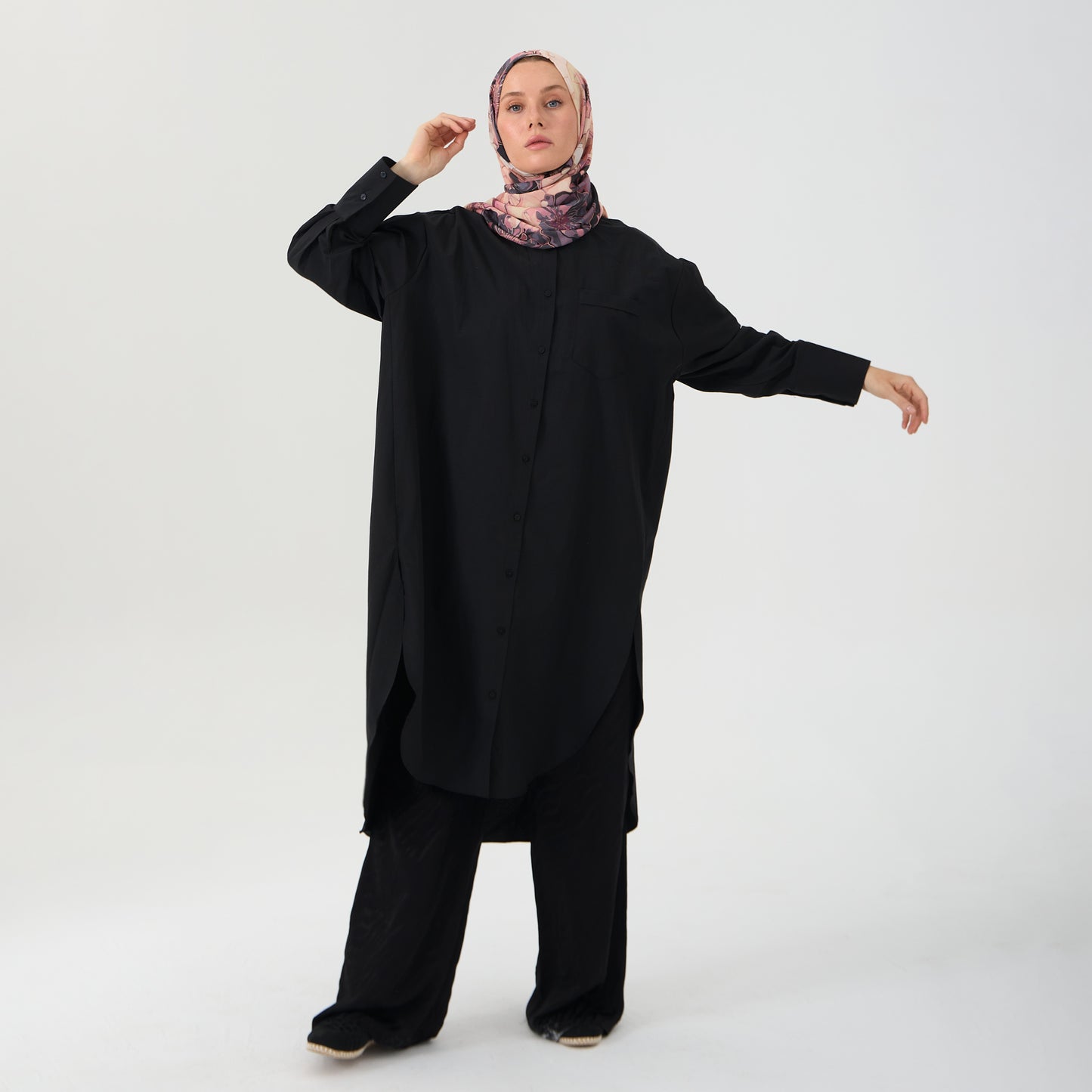 Minimalist BLACK Oversized Shirt Dress with Back Button Accent