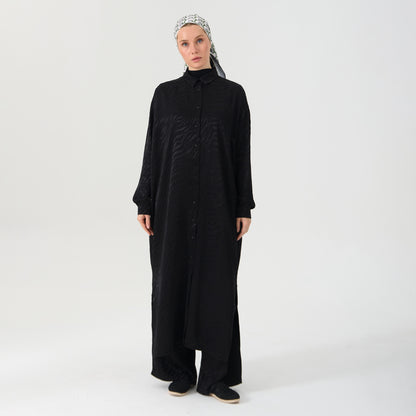Black Emboss Co-Ord Set - Oversized Long Shirt and Wide-Leg Pants