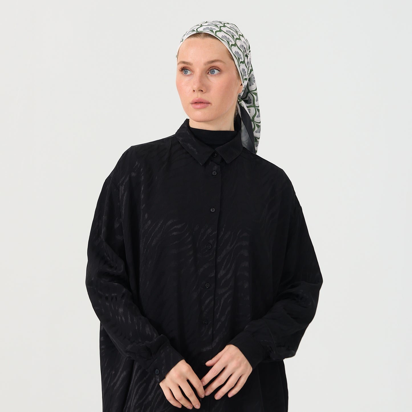Black Emboss Co-Ord Set - Oversized Long Shirt and Wide-Leg Pants