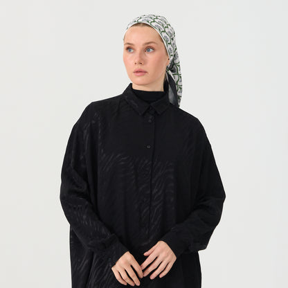 Black Emboss Co-Ord Set - Oversized Long Shirt and Wide-Leg Pants