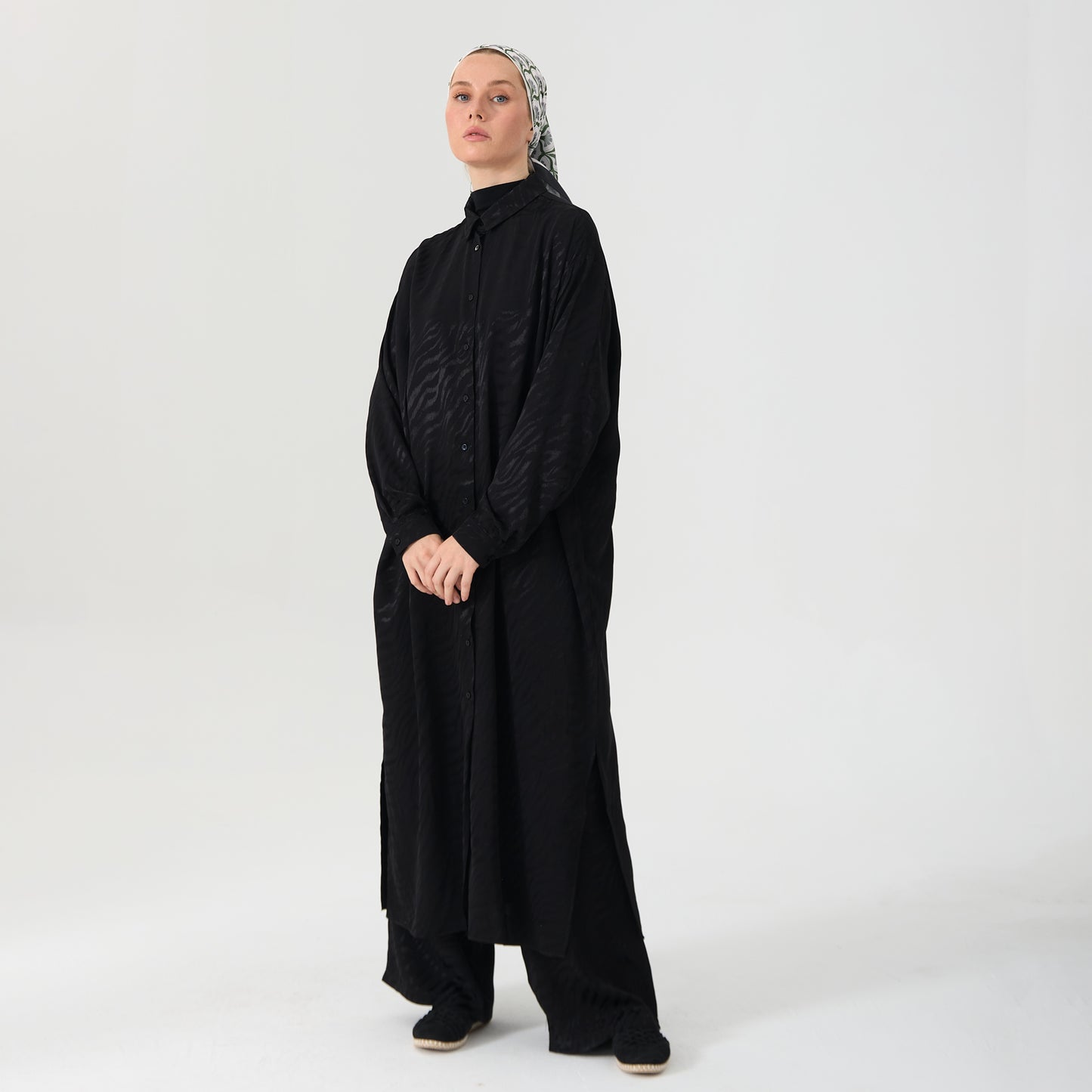 Black Emboss Co-Ord Set - Oversized Long Shirt and Wide-Leg Pants