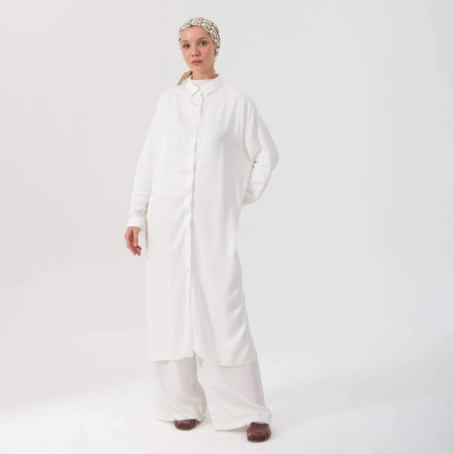 White Emboss Co-Ord Set - Oversized Long Shirt and Wide-Leg Pants