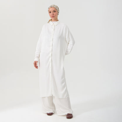 White Emboss Co-Ord Set - Oversized Long Shirt and Wide-Leg Pants